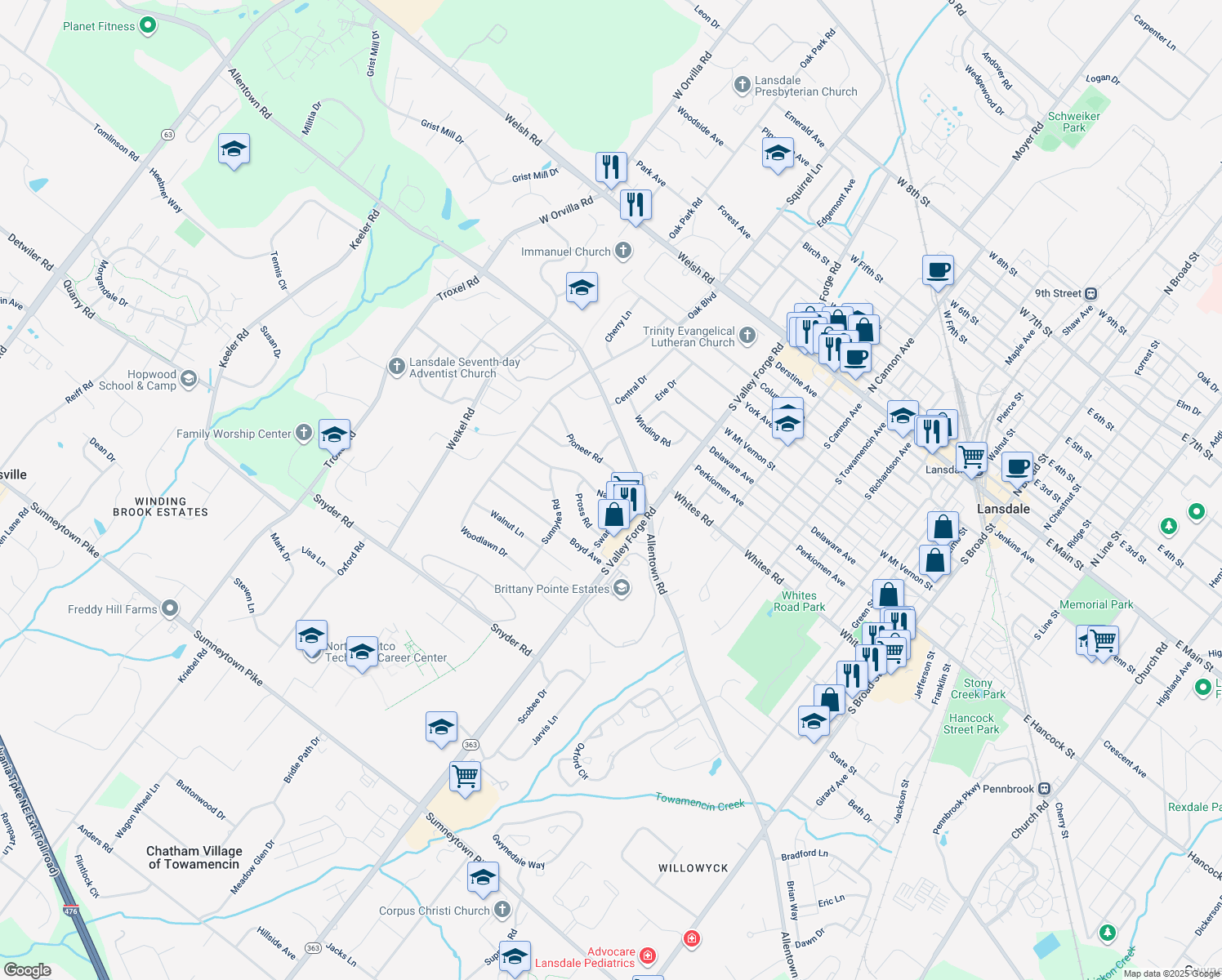 map of restaurants, bars, coffee shops, grocery stores, and more near 1031 Nash Avenue in Lansdale