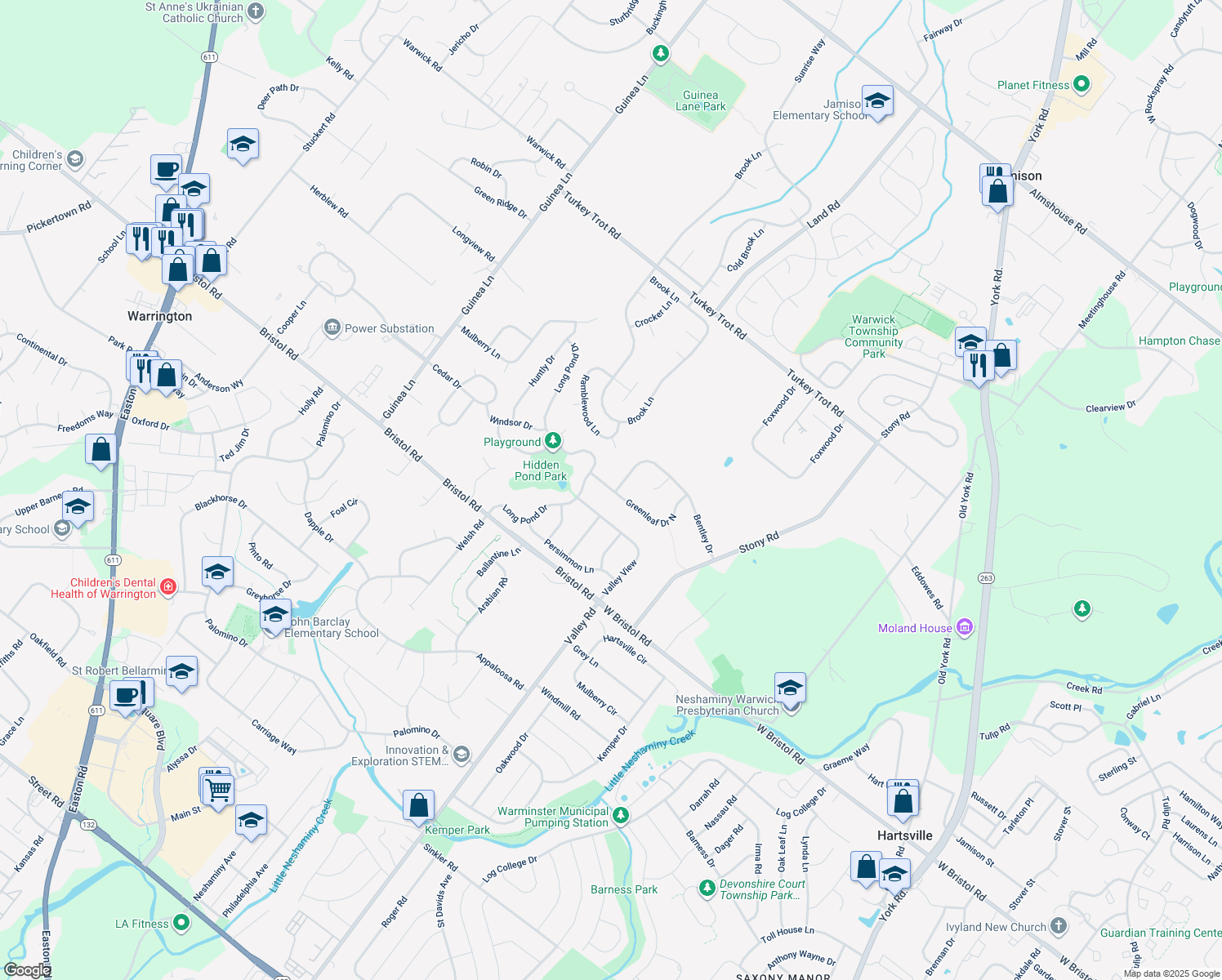 map of restaurants, bars, coffee shops, grocery stores, and more near 1474 Greenleaf Drive North in Warrington