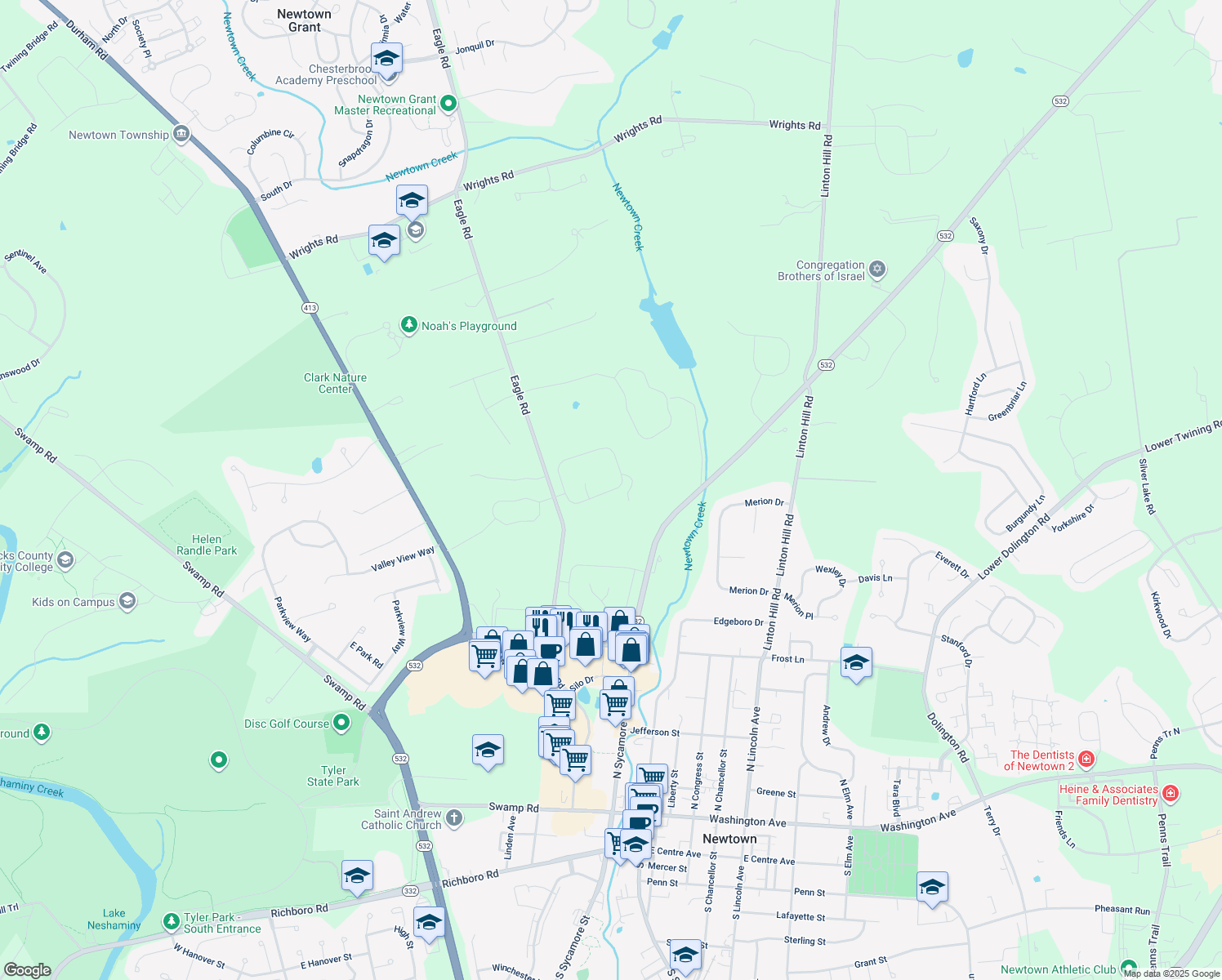 map of restaurants, bars, coffee shops, grocery stores, and more near 144 Crittenden Drive in Newtown