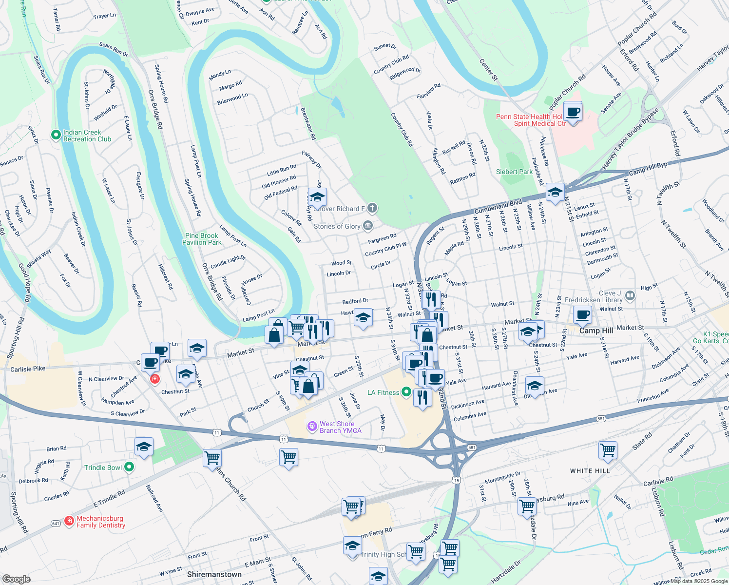 map of restaurants, bars, coffee shops, grocery stores, and more near 3417 Logan Street in Camp Hill