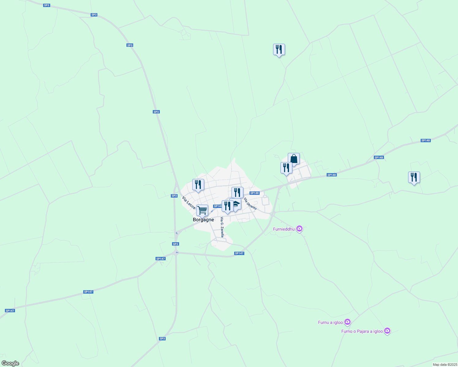 map of restaurants, bars, coffee shops, grocery stores, and more near 13 Via Guglielmo Marconi in Borgagne