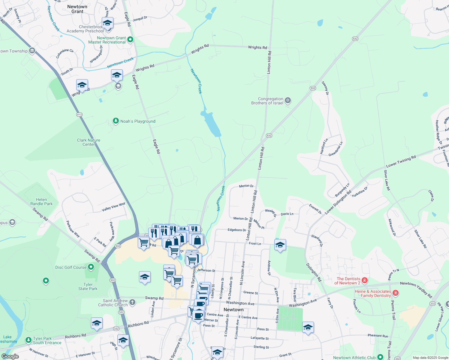 map of restaurants, bars, coffee shops, grocery stores, and more near 398 Washington Crossing Road in Newtown