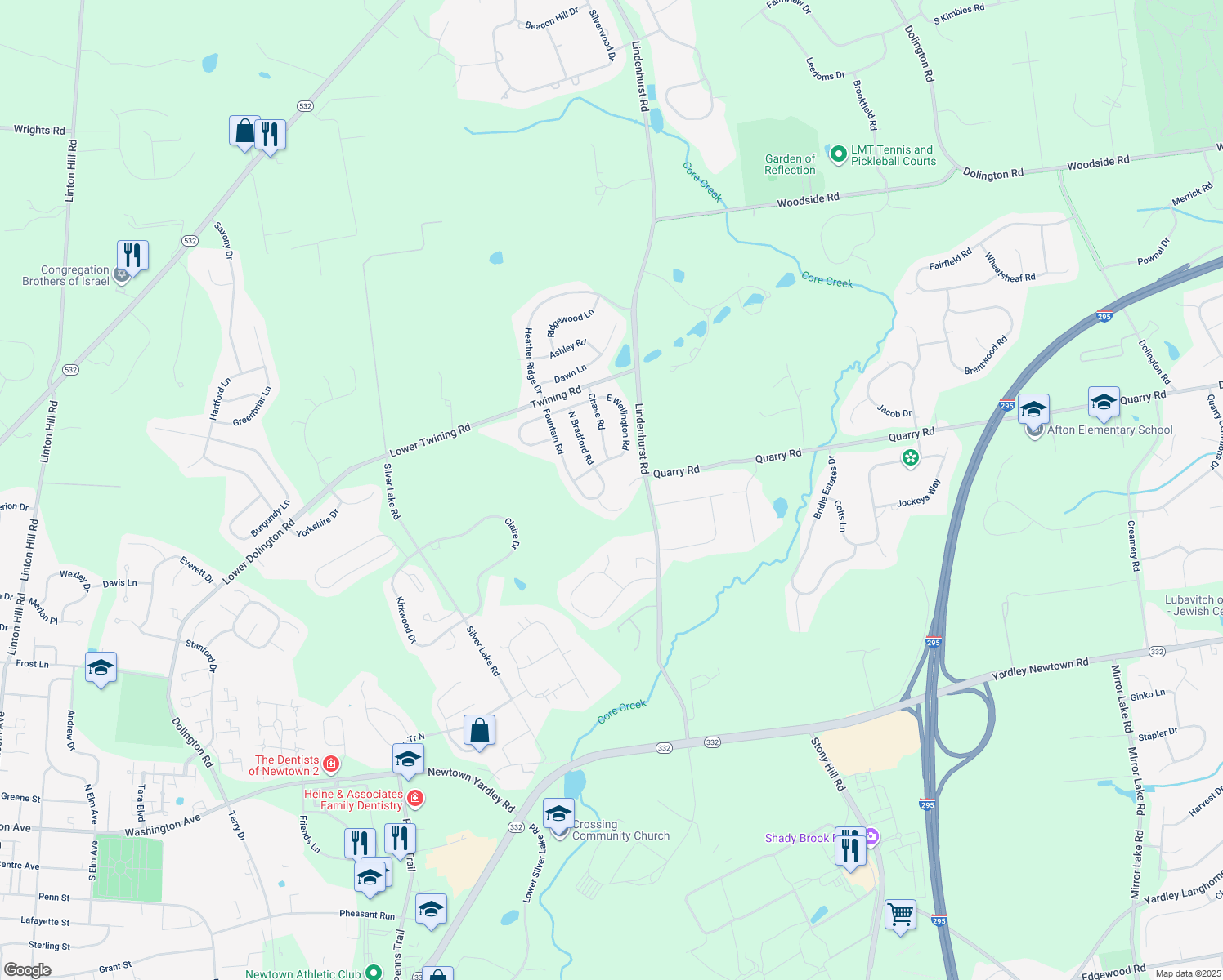 map of restaurants, bars, coffee shops, grocery stores, and more near 1245 Fountain Road in Newtown