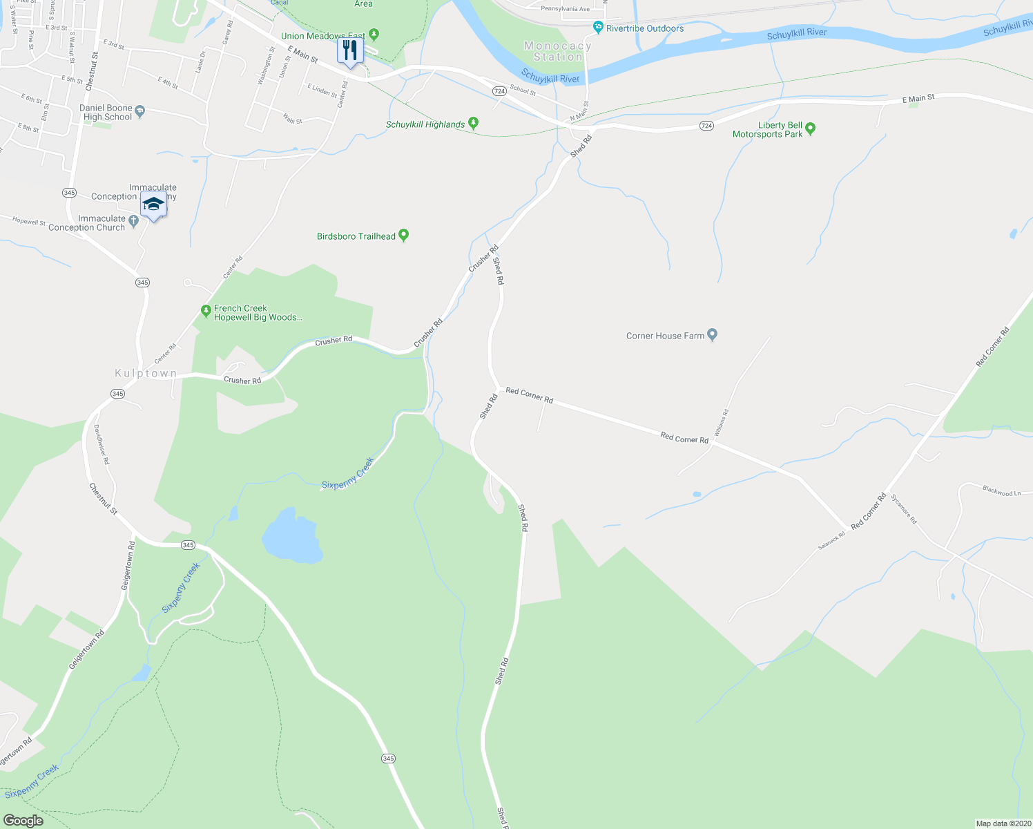 map of restaurants, bars, coffee shops, grocery stores, and more near 203 Shed Road in Douglassville