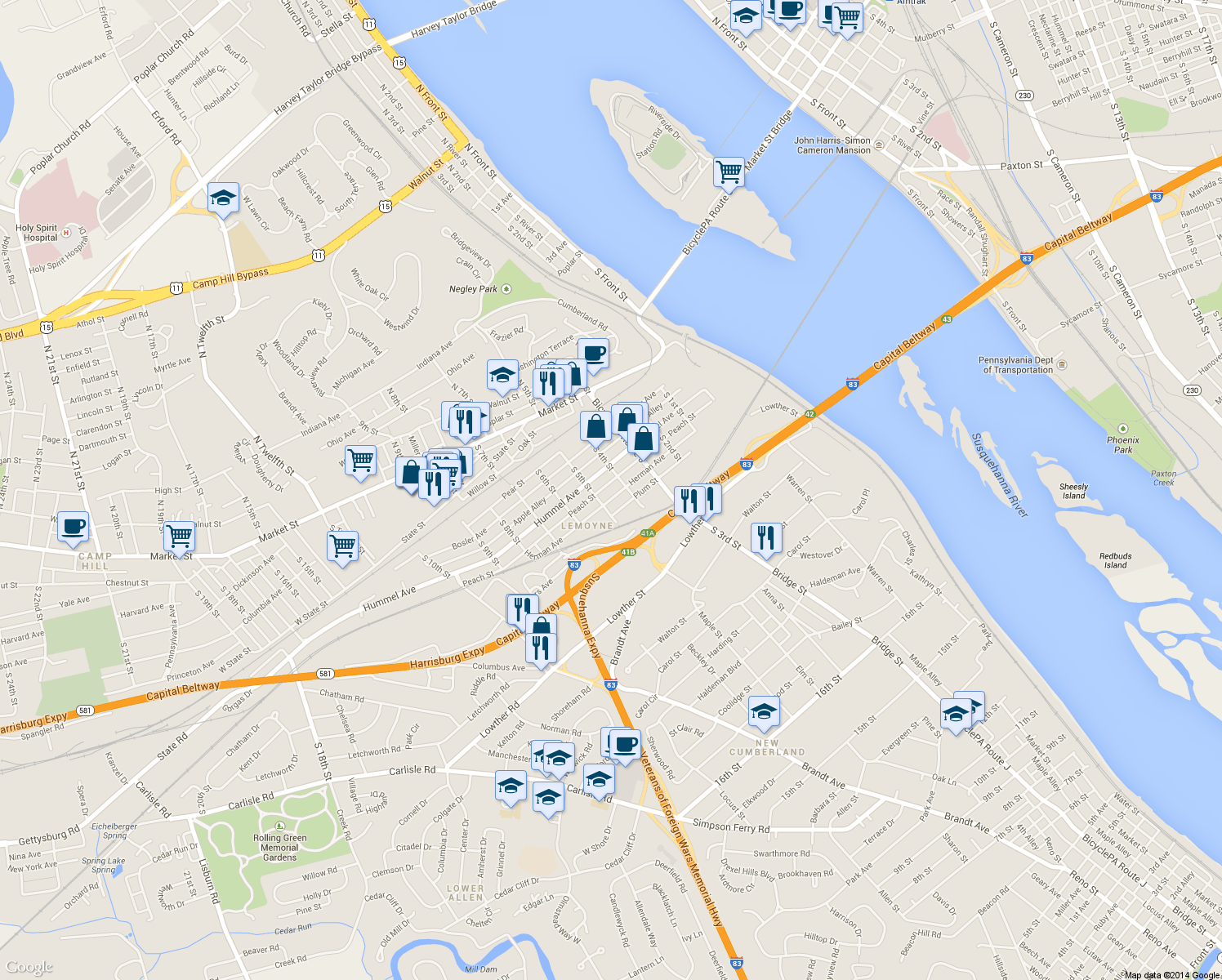 map of restaurants, bars, coffee shops, grocery stores, and more near 423 Herman Avenue in Lemoyne
