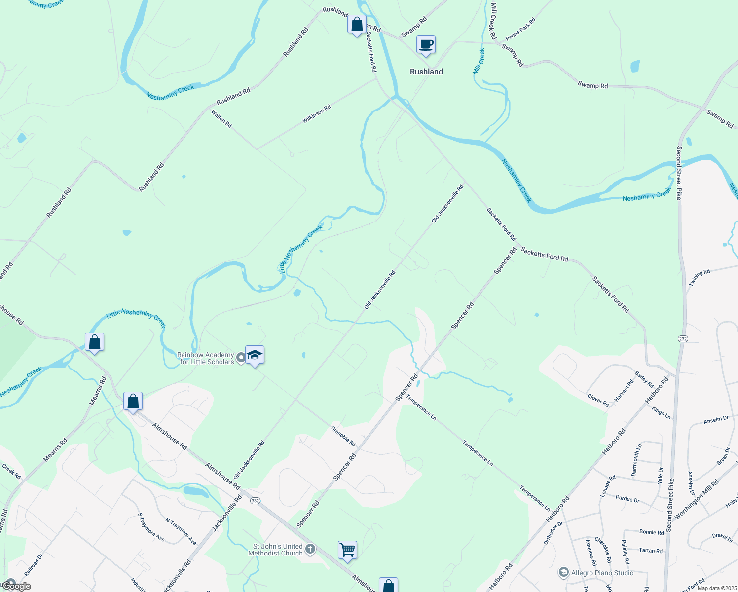 map of restaurants, bars, coffee shops, grocery stores, and more near 1403 Old Jacksonville Road in Warminster