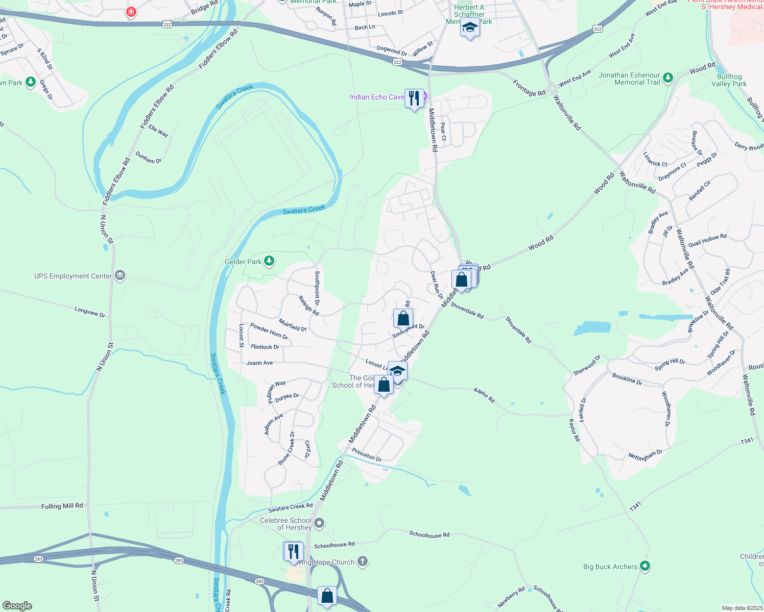 map of restaurants, bars, coffee shops, grocery stores, and more near 920 Chowning Drive in Hummelstown