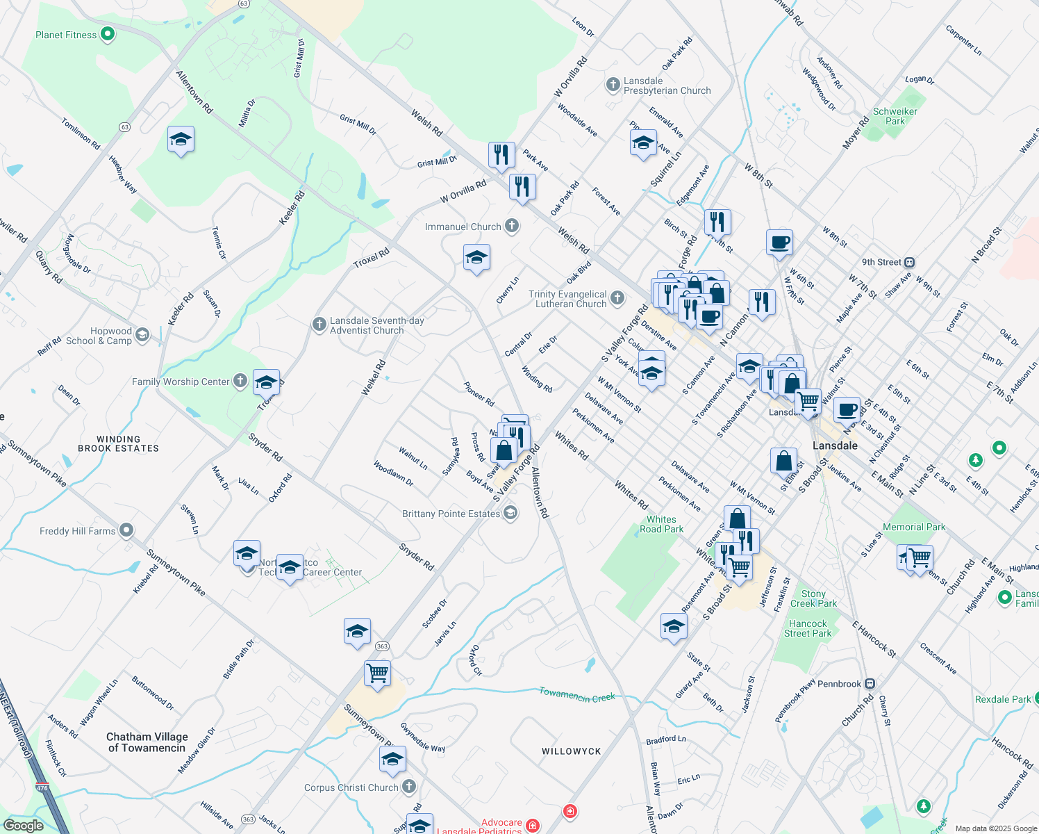 map of restaurants, bars, coffee shops, grocery stores, and more near 1052 Allentown Road in Lansdale