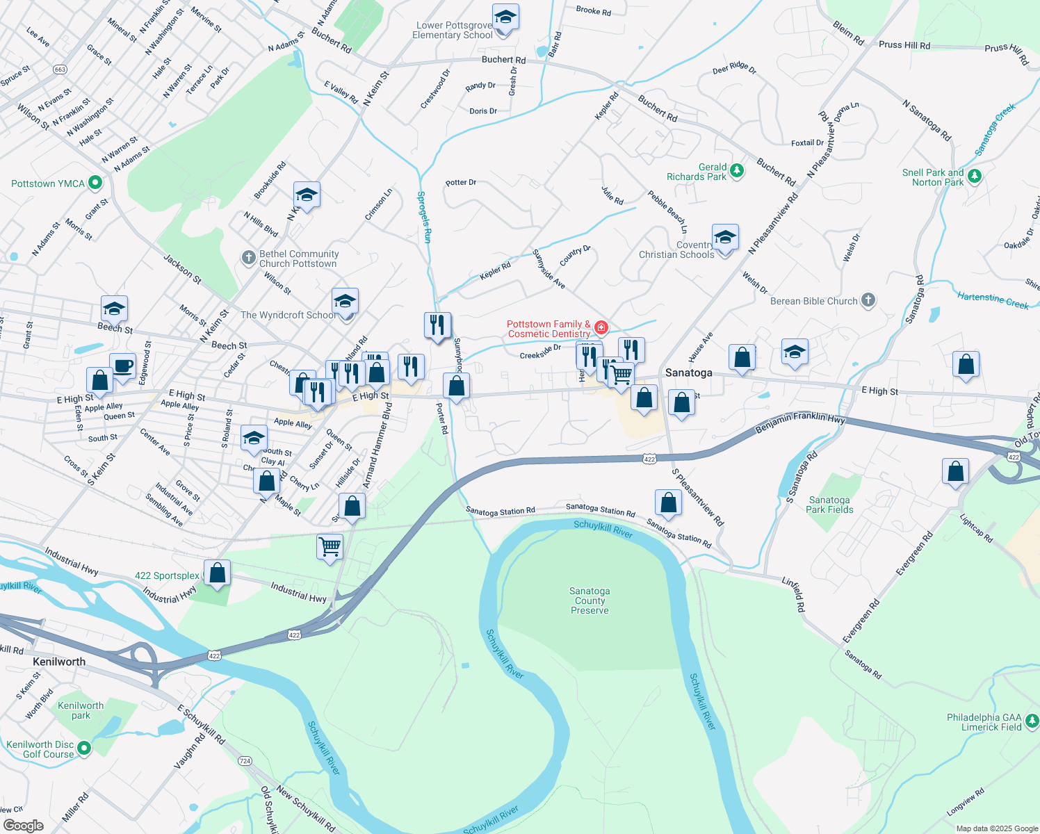 map of restaurants, bars, coffee shops, grocery stores, and more near 944 Dogwood Court in Pottstown