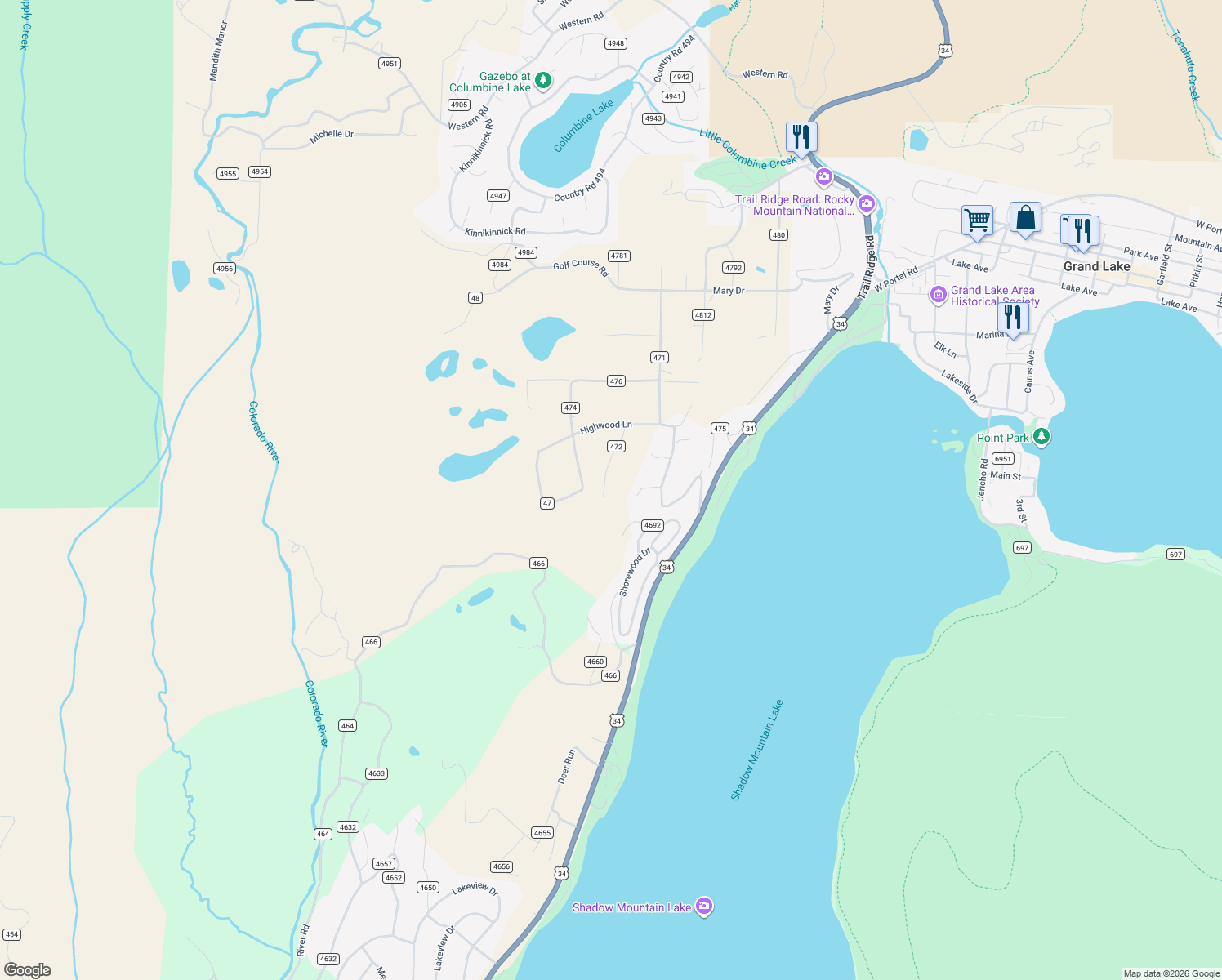 map of restaurants, bars, coffee shops, grocery stores, and more near 44-170 County Road 472 in Grand Lake