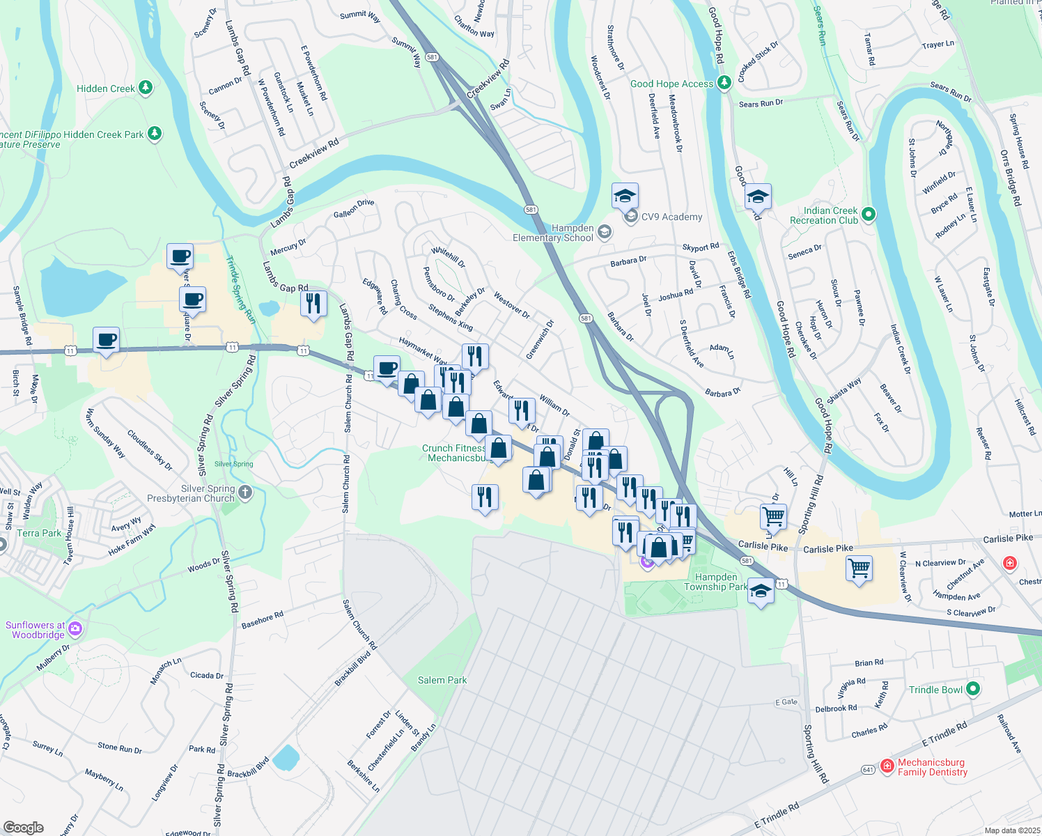 map of restaurants, bars, coffee shops, grocery stores, and more near 6015 Robert Dr in Mechanicsburg