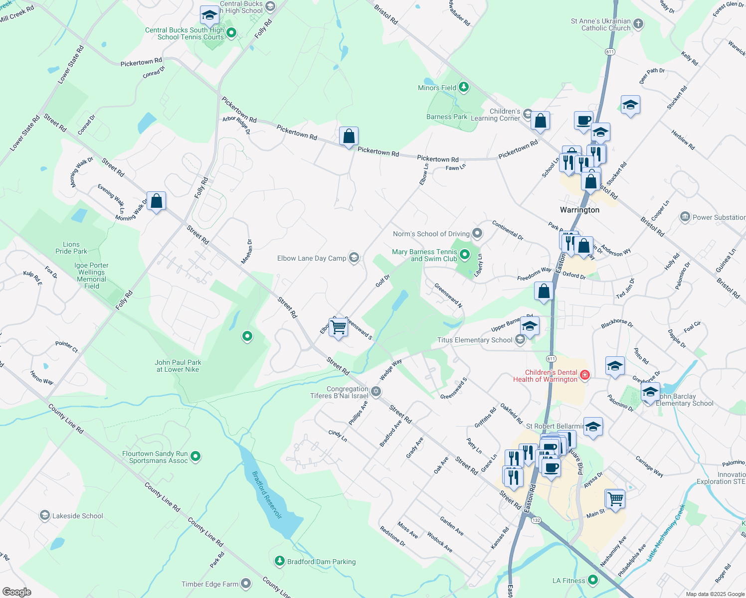 map of restaurants, bars, coffee shops, grocery stores, and more near 751 Golf Drive in Warrington