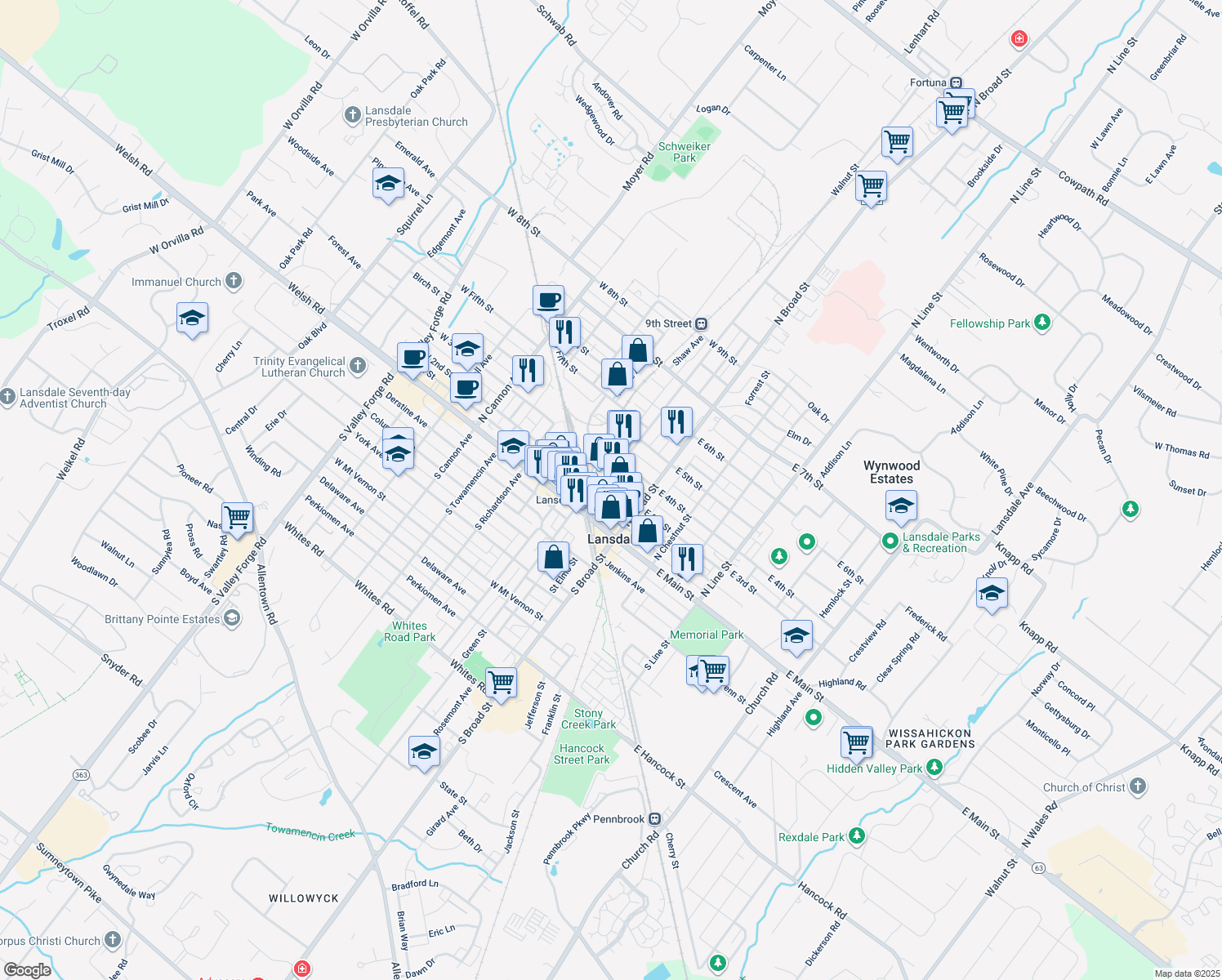 map of restaurants, bars, coffee shops, grocery stores, and more near 42 W 3rd St in Lansdale