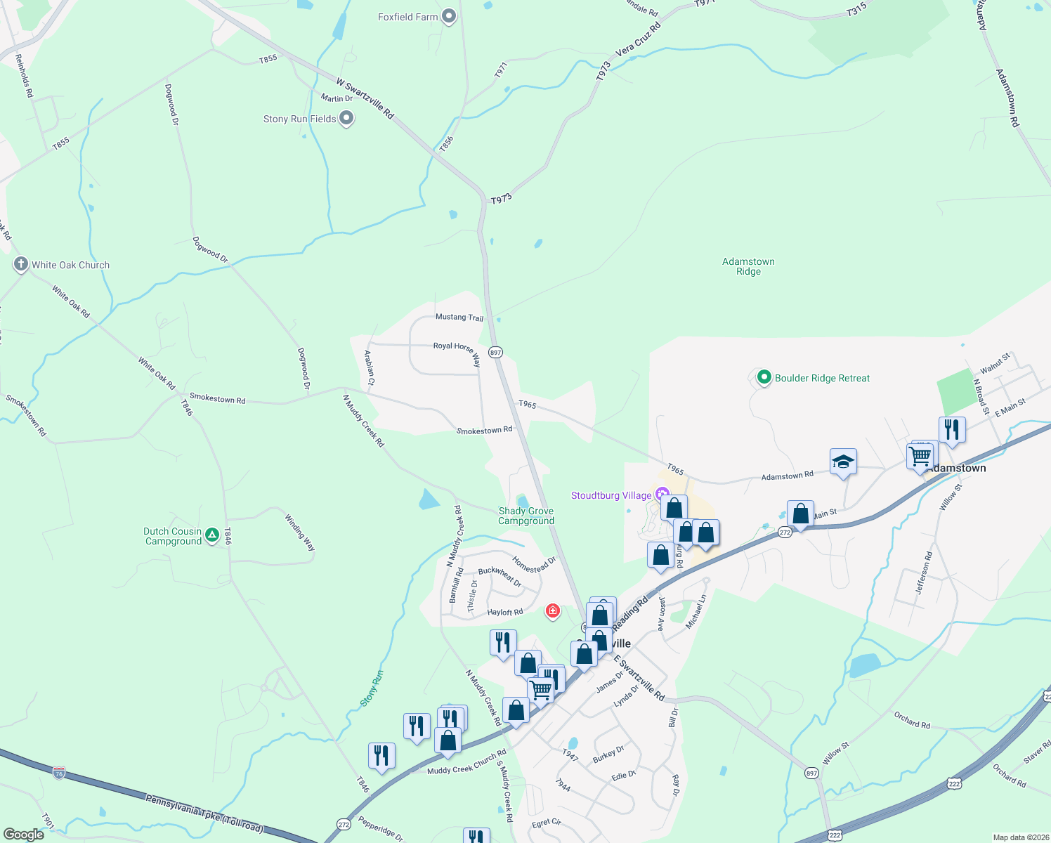 map of restaurants, bars, coffee shops, grocery stores, and more near 319 West Swartzville Road in Reinholds