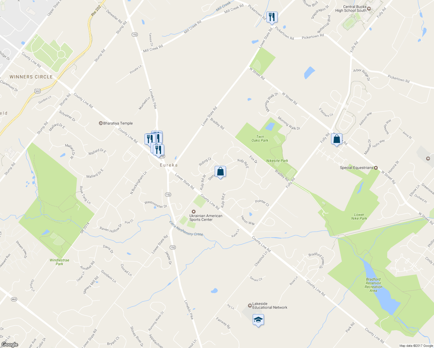 map of restaurants, bars, coffee shops, grocery stores, and more near 167 Stetson Drive in Chalfont