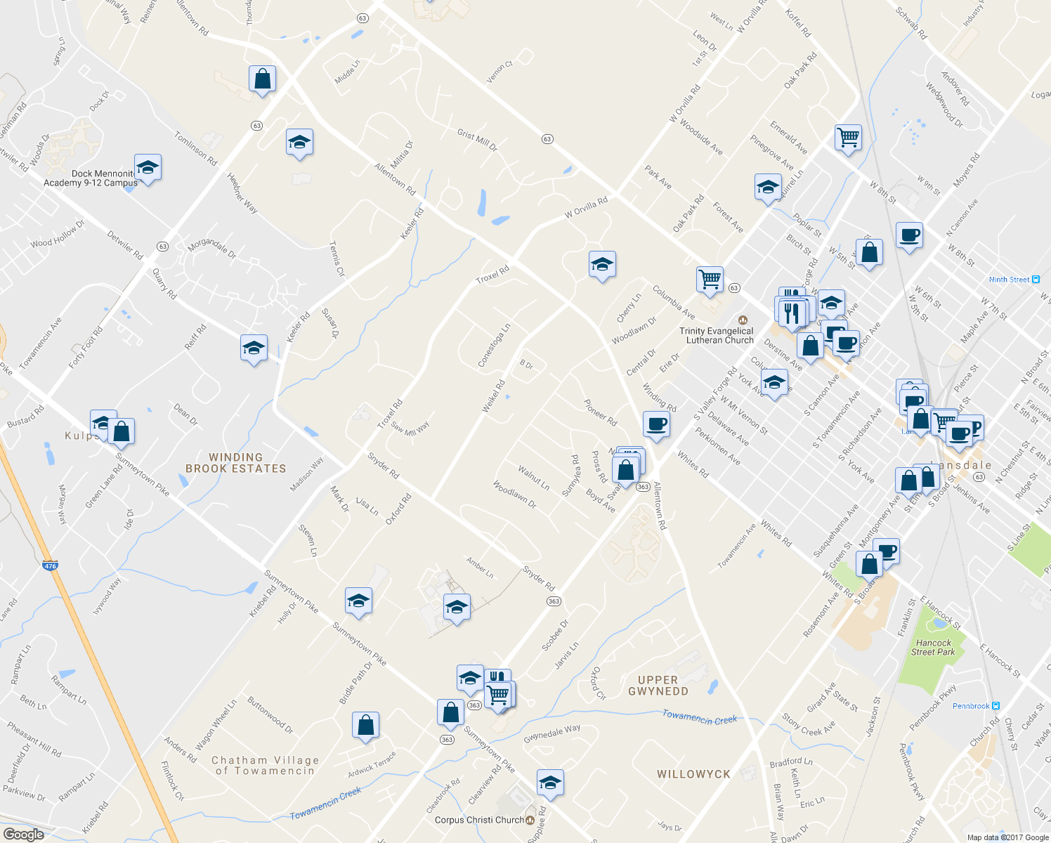 map of restaurants, bars, coffee shops, grocery stores, and more near 824 Woodlawn Drive in Lansdale
