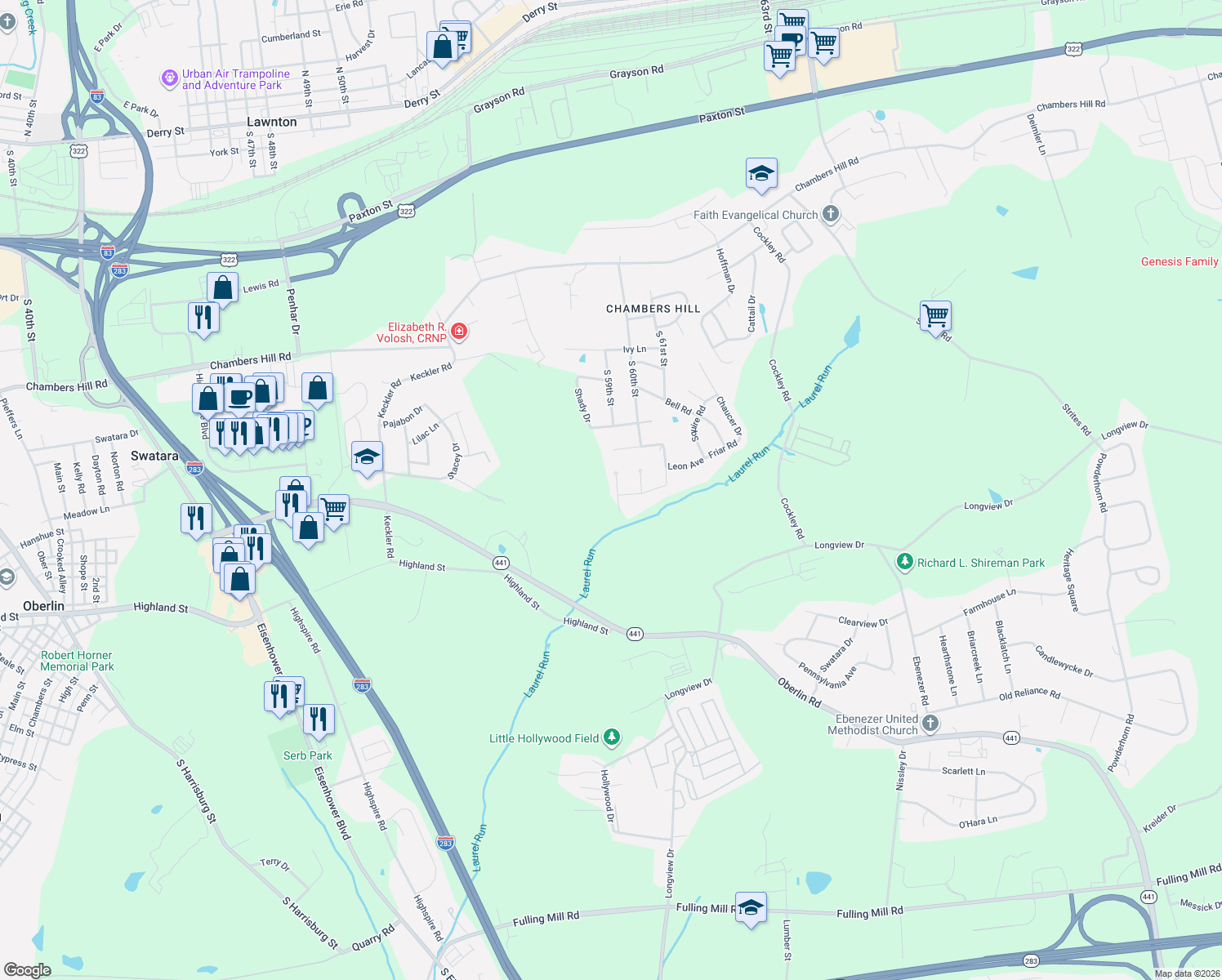 map of restaurants, bars, coffee shops, grocery stores, and more near 930 Dennis Circle in Harrisburg