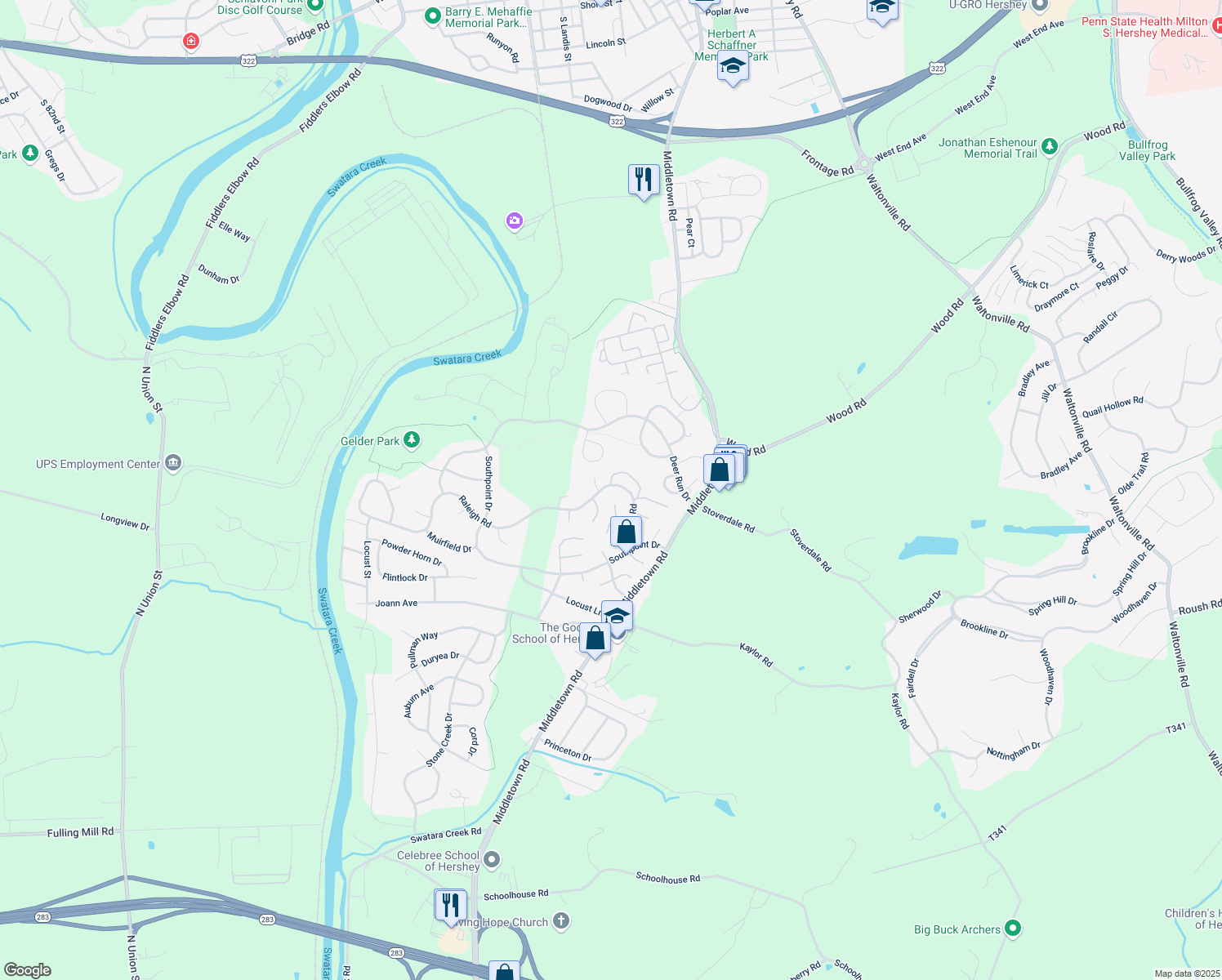 map of restaurants, bars, coffee shops, grocery stores, and more near 2076 Raleigh Road in Hummelstown