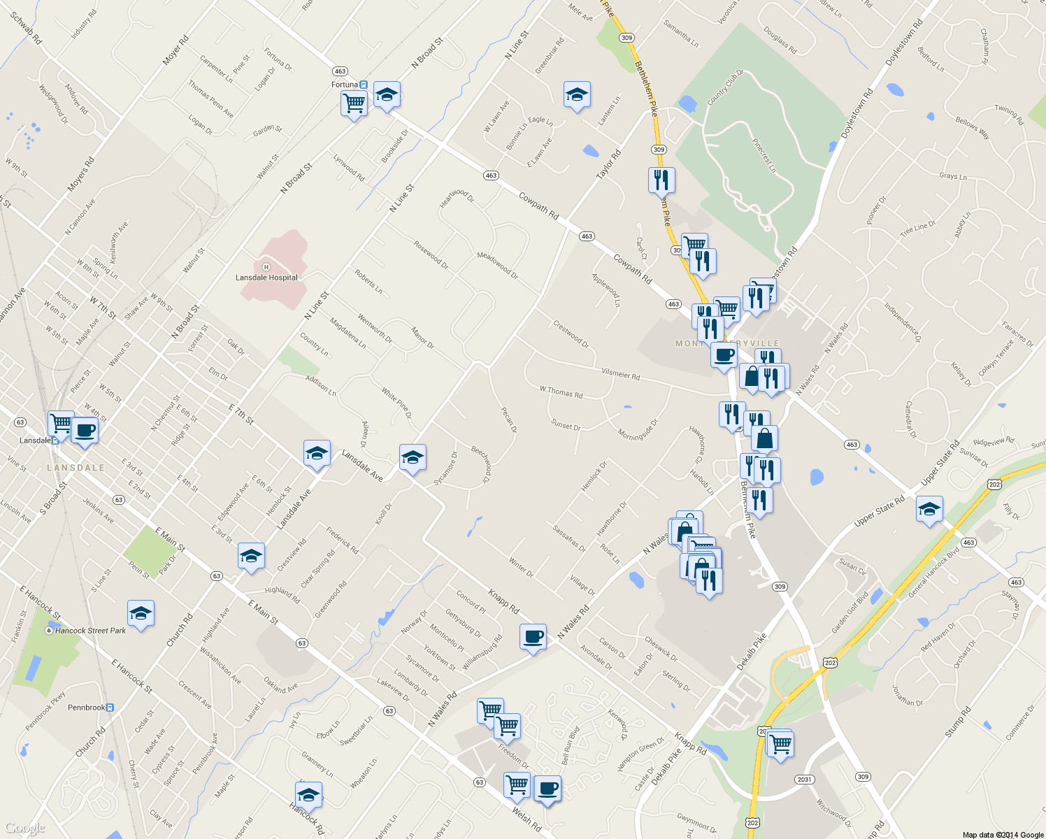 map of restaurants, bars, coffee shops, grocery stores, and more near 1025 Pecan Dr in Lansdale