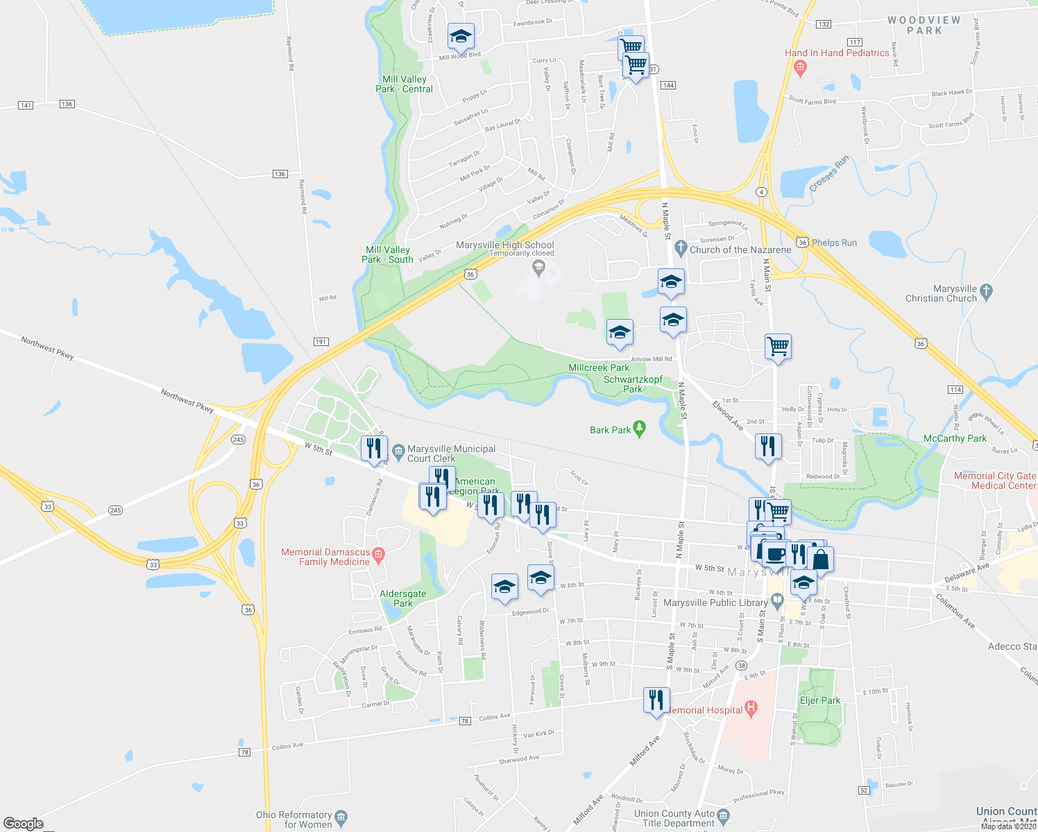 map of restaurants, bars, coffee shops, grocery stores, and more near 580 Park Avenue in Marysville