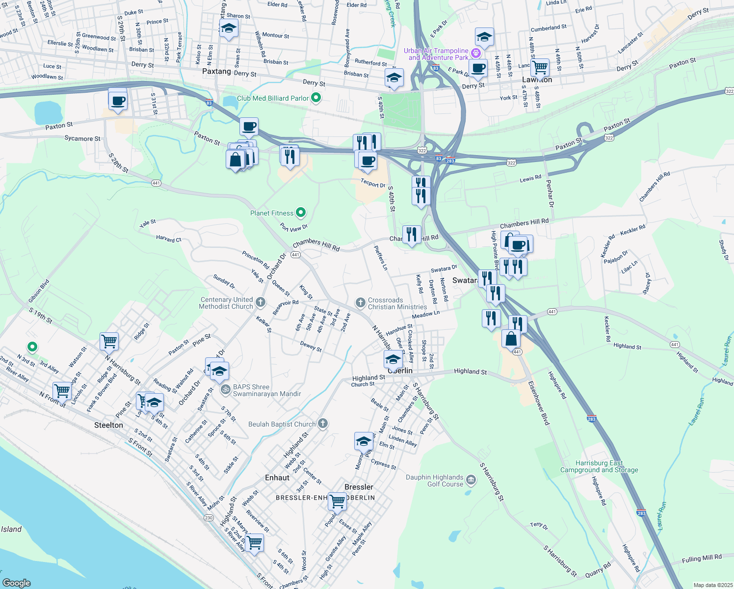 map of restaurants, bars, coffee shops, grocery stores, and more near 621 Morningside Way in Steelton