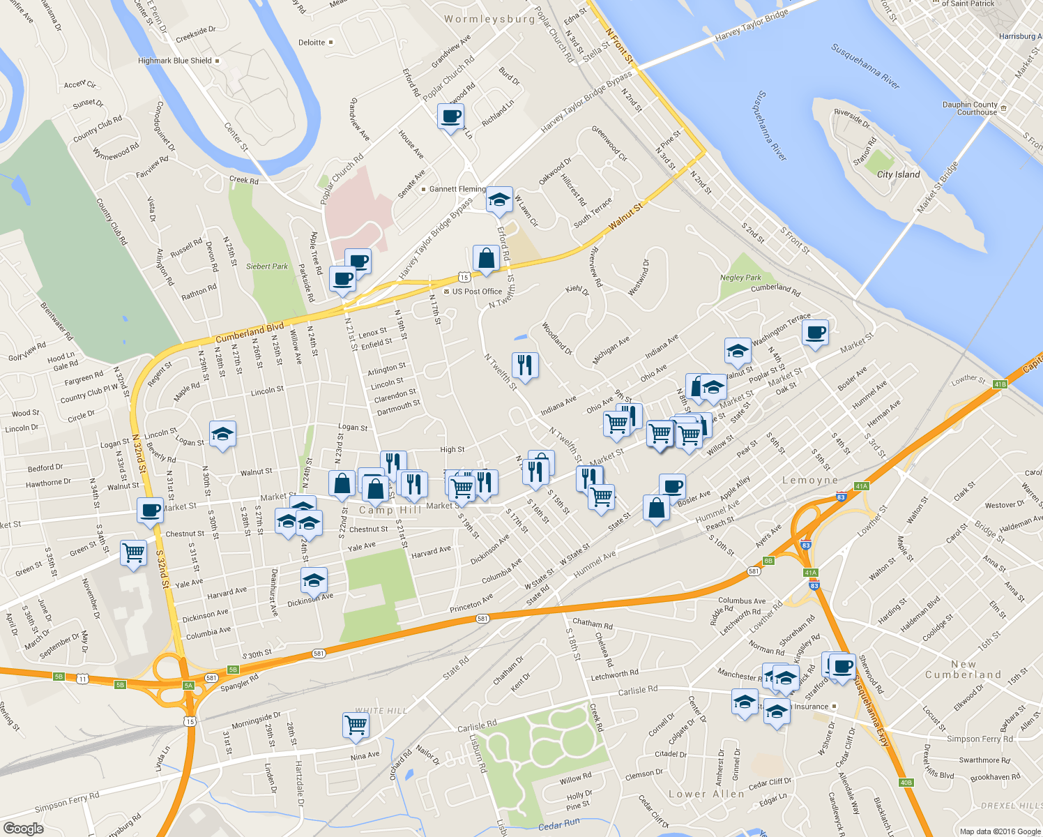 map of restaurants, bars, coffee shops, grocery stores, and more near 37 Indiana Circle in Lemoyne