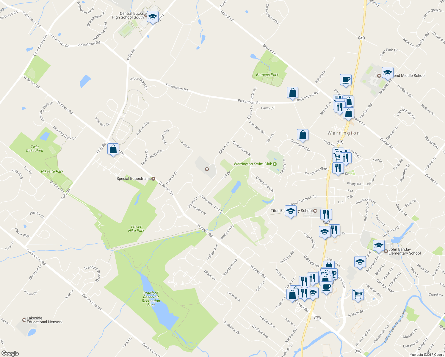 map of restaurants, bars, coffee shops, grocery stores, and more near 741 Golf Drive in Warrington