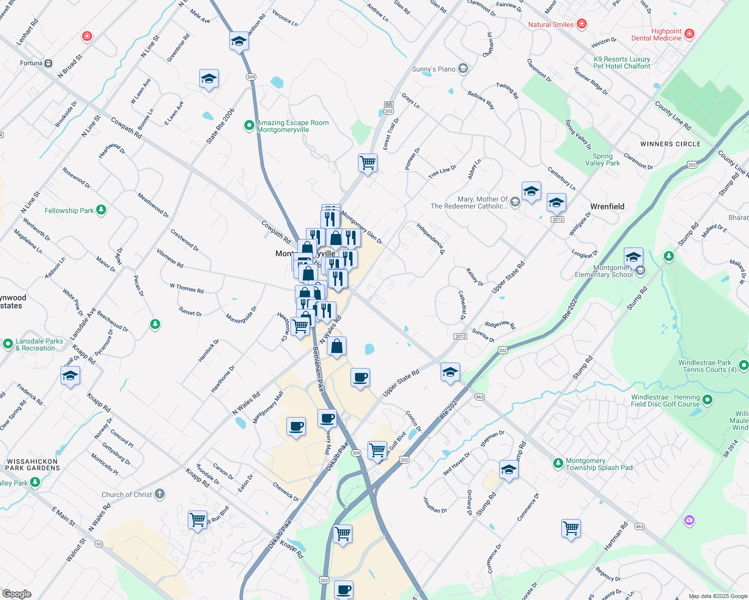 map of restaurants, bars, coffee shops, grocery stores, and more near 411 Franklin Court in North Wales