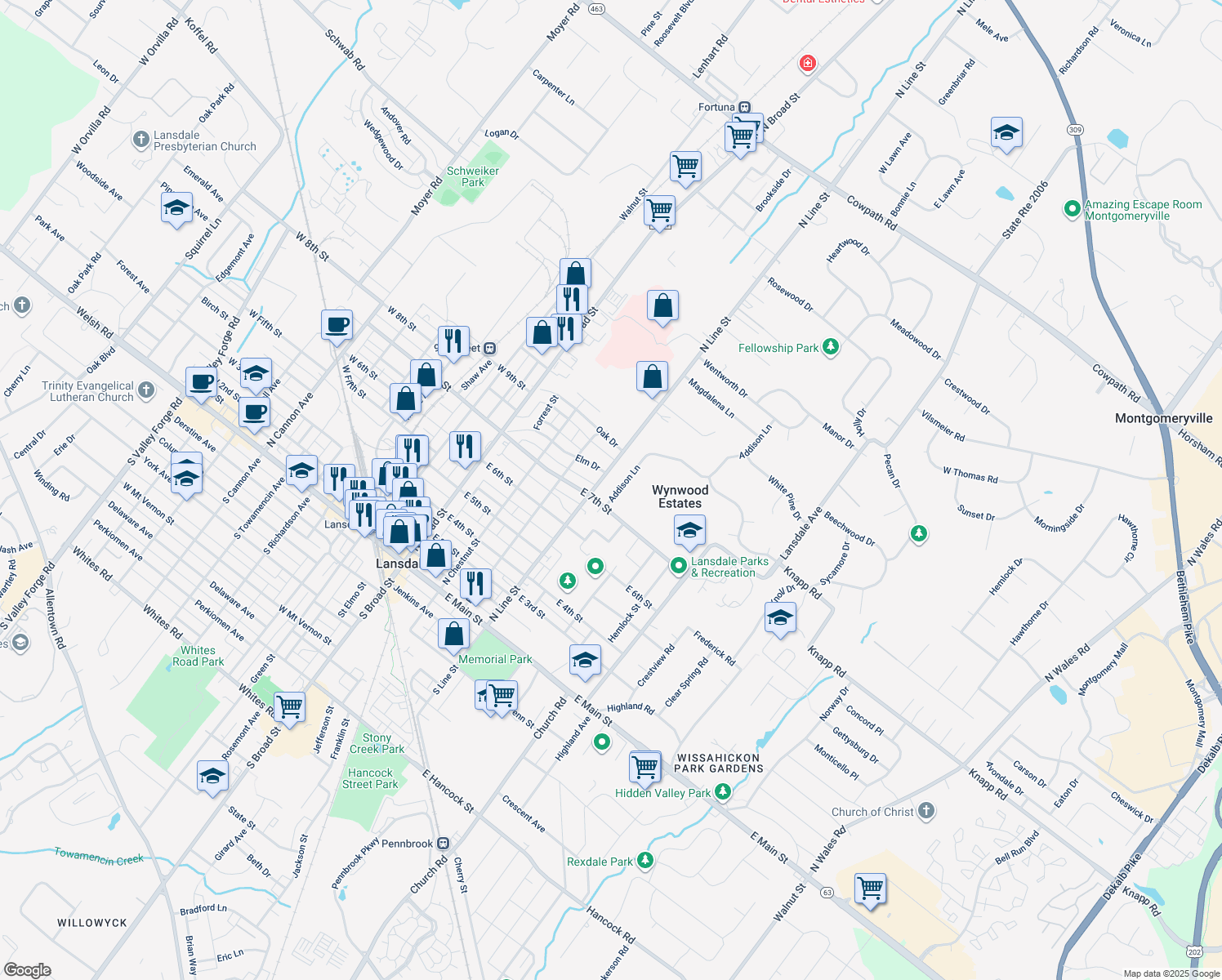 map of restaurants, bars, coffee shops, grocery stores, and more near 156 Addison Lane in Lansdale