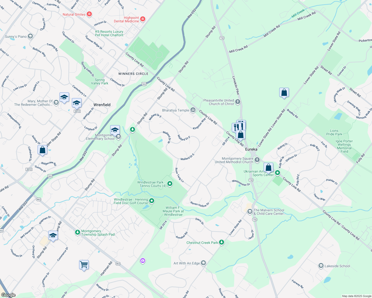 map of restaurants, bars, coffee shops, grocery stores, and more near 104 Swan Court in North Wales