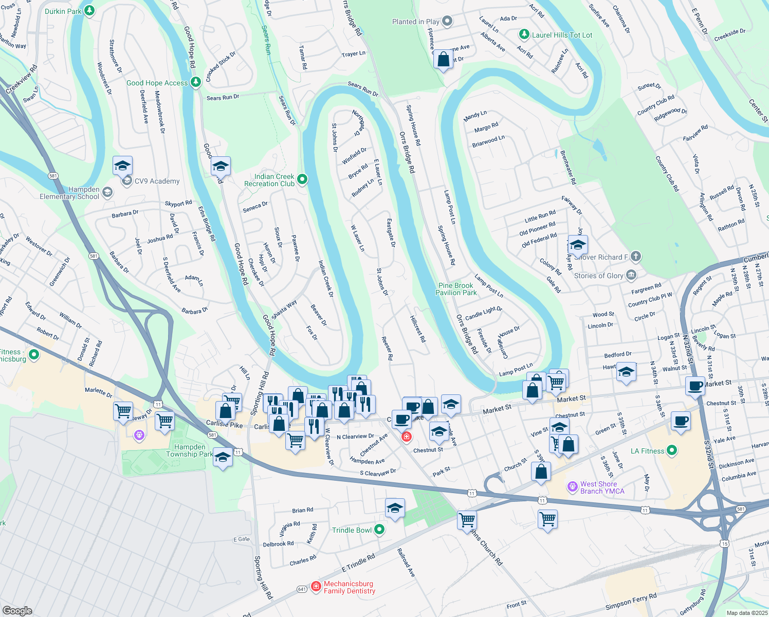 map of restaurants, bars, coffee shops, grocery stores, and more near 1 Stailey Cir in Camp Hill