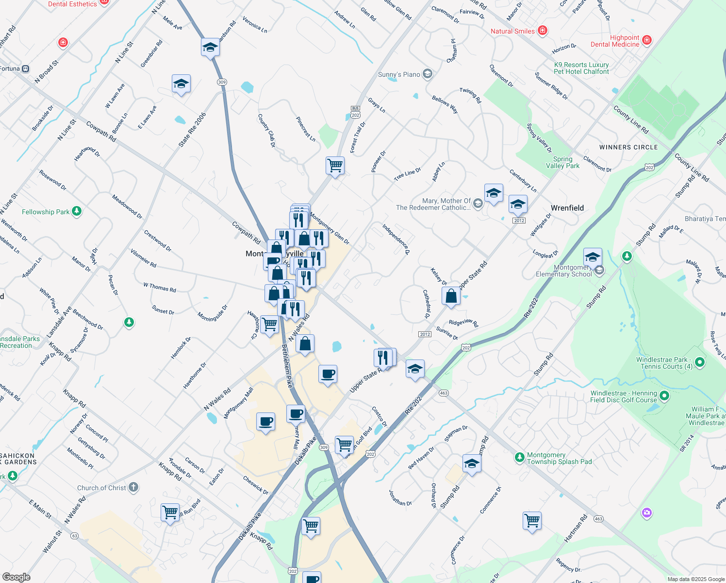 map of restaurants, bars, coffee shops, grocery stores, and more near 300 Hancock Court in North Wales