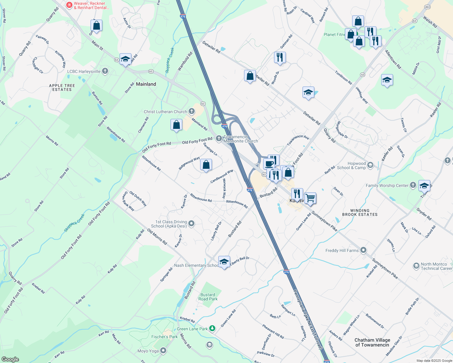map of restaurants, bars, coffee shops, grocery stores, and more near 212 Norwyck Way in Harleysville