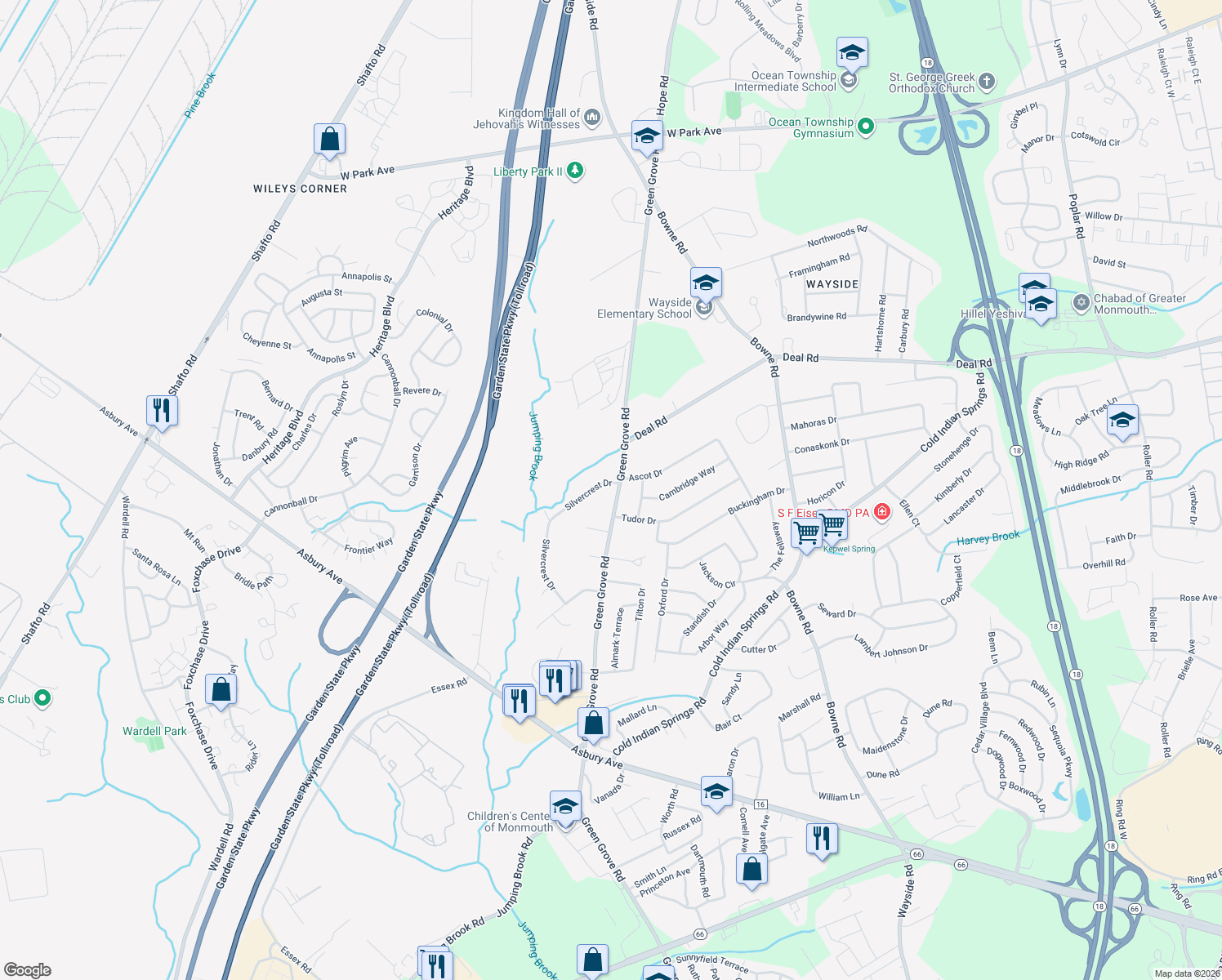 map of restaurants, bars, coffee shops, grocery stores, and more near 369 Green Grove Road in Tinton Falls