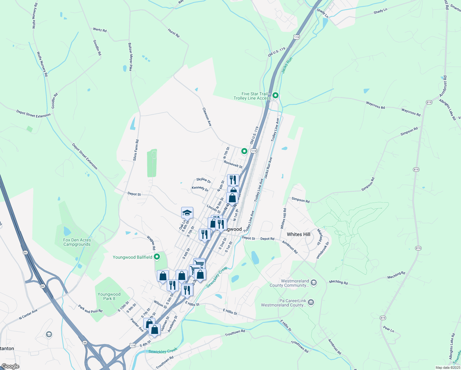 map of restaurants, bars, coffee shops, grocery stores, and more near 410 North 5th Street in Youngwood