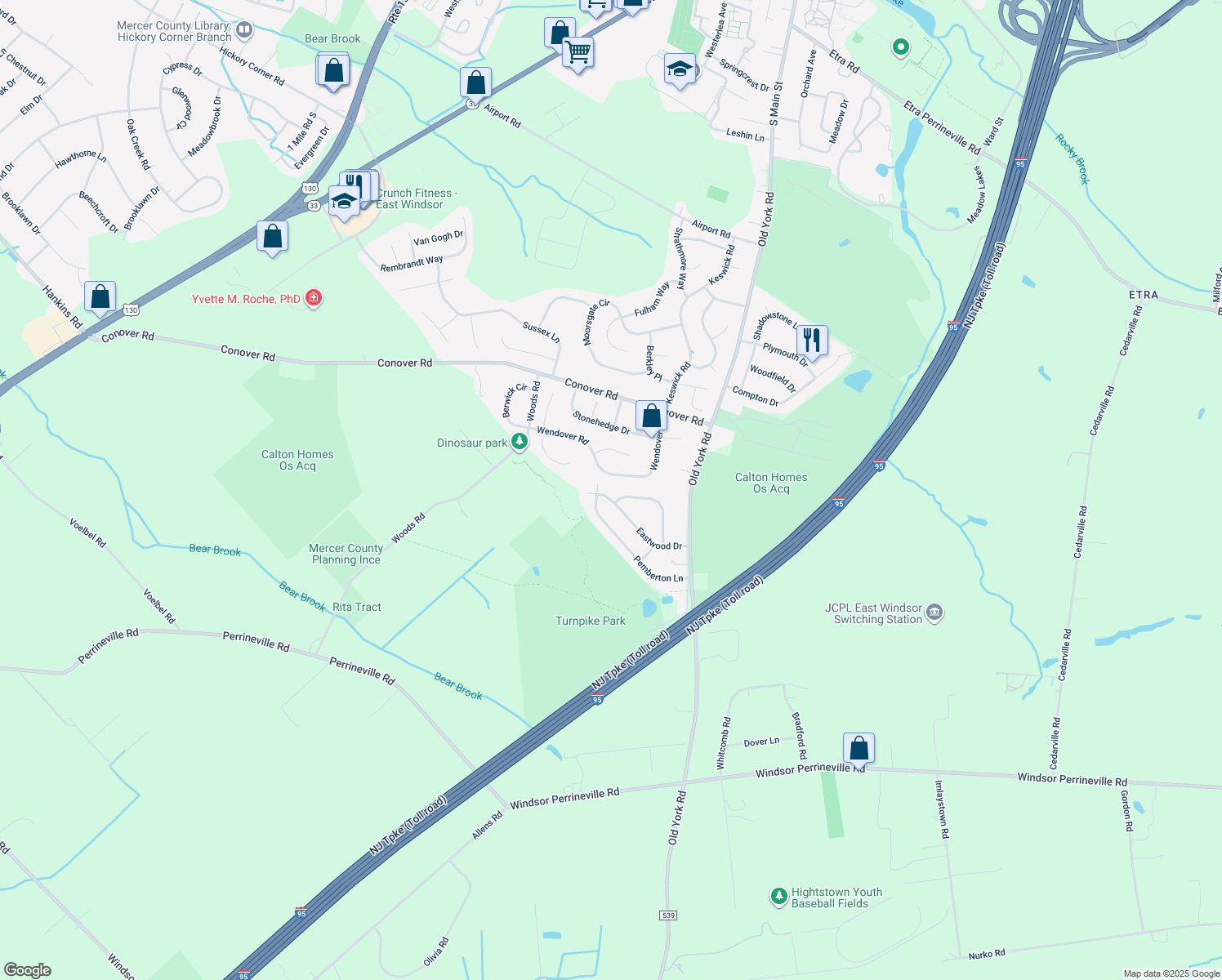 map of restaurants, bars, coffee shops, grocery stores, and more near 38 Eastwood Dr in East Windsor