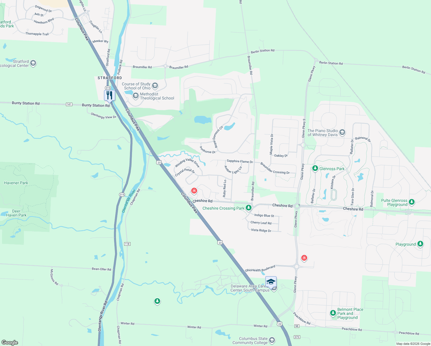 map of restaurants, bars, coffee shops, grocery stores, and more near 225 Crystal Petal Dr in Delaware