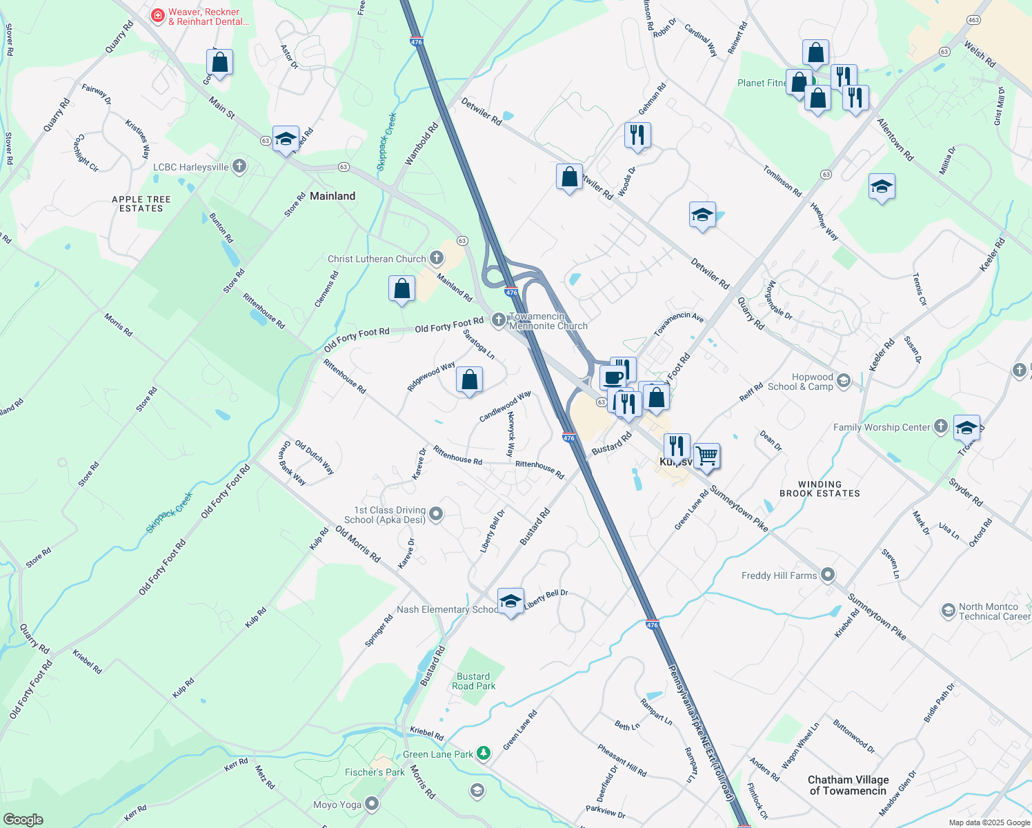 map of restaurants, bars, coffee shops, grocery stores, and more near 214 Norwyck Way in Harleysville