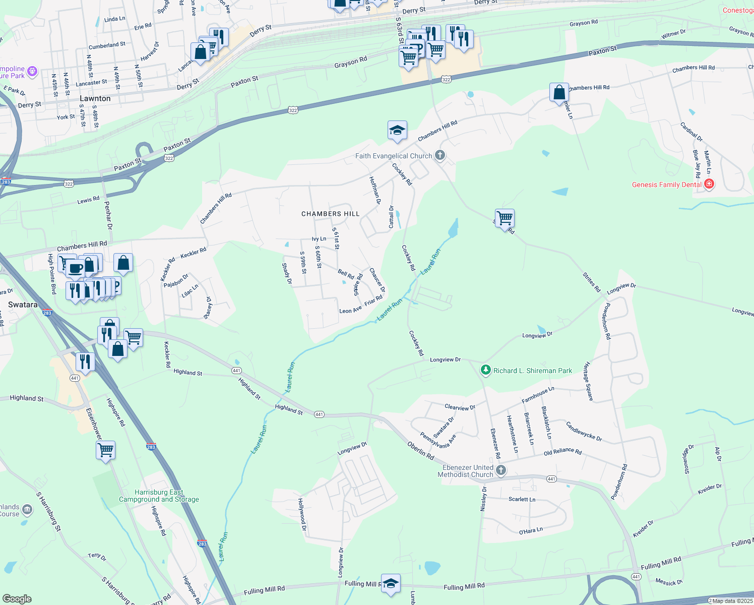 map of restaurants, bars, coffee shops, grocery stores, and more near 6145 Friar Road in Harrisburg