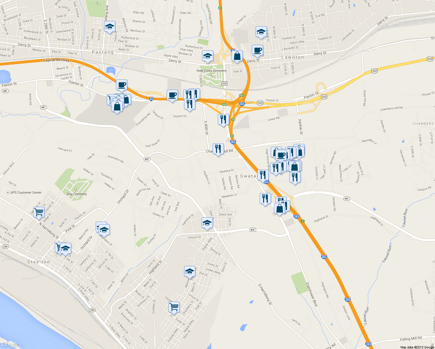 map of restaurants, bars, coffee shops, grocery stores, and more near 4080 Swatara Dr in Harrisburg