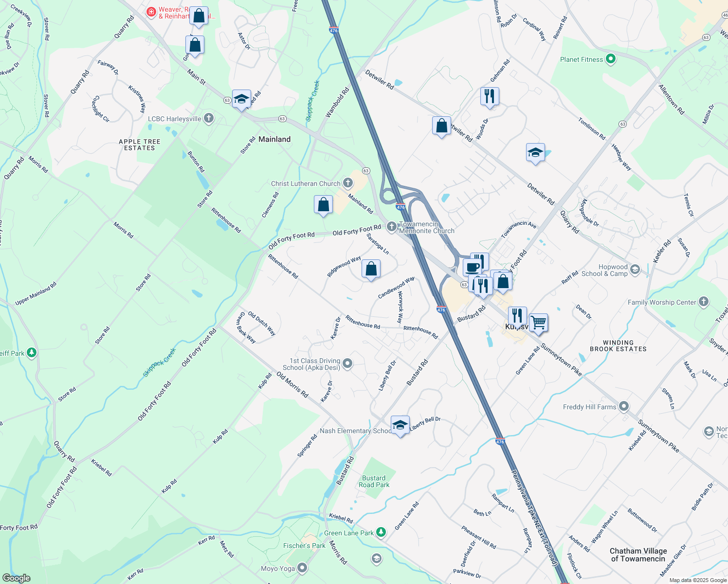 map of restaurants, bars, coffee shops, grocery stores, and more near 5 Hackney Way in Harleysville