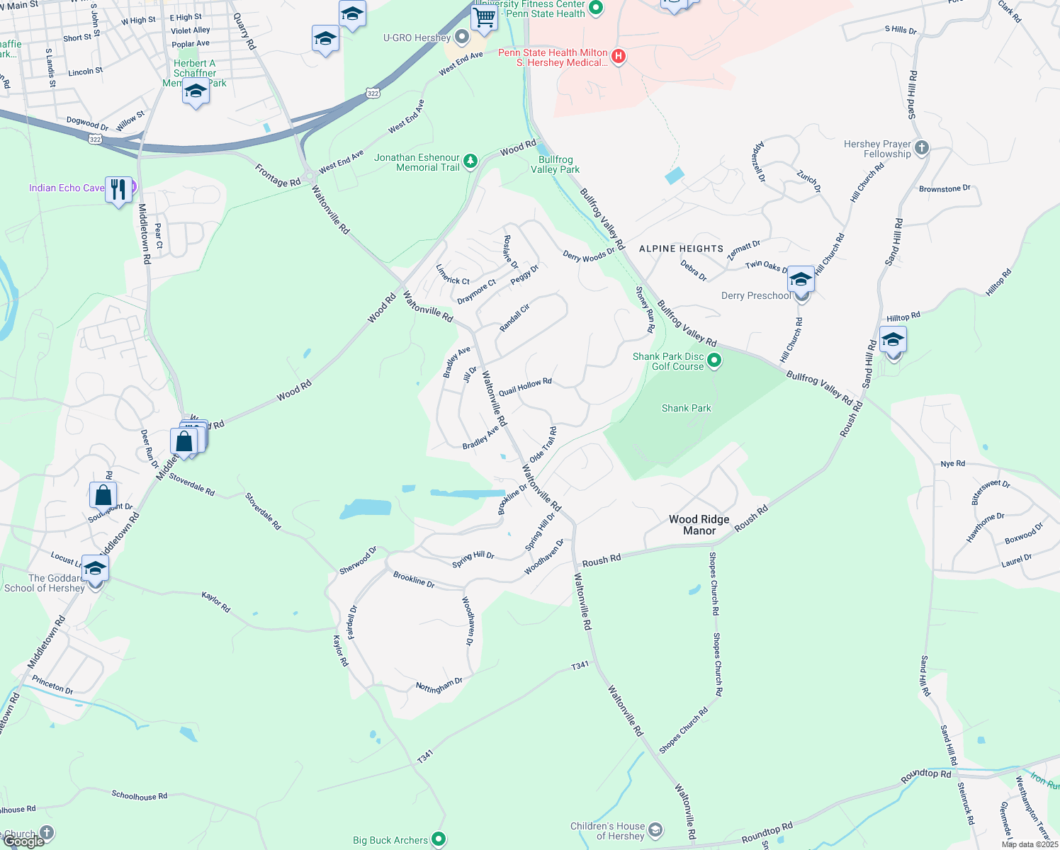 map of restaurants, bars, coffee shops, grocery stores, and more near 731 Cricket Glen Road in Hummelstown