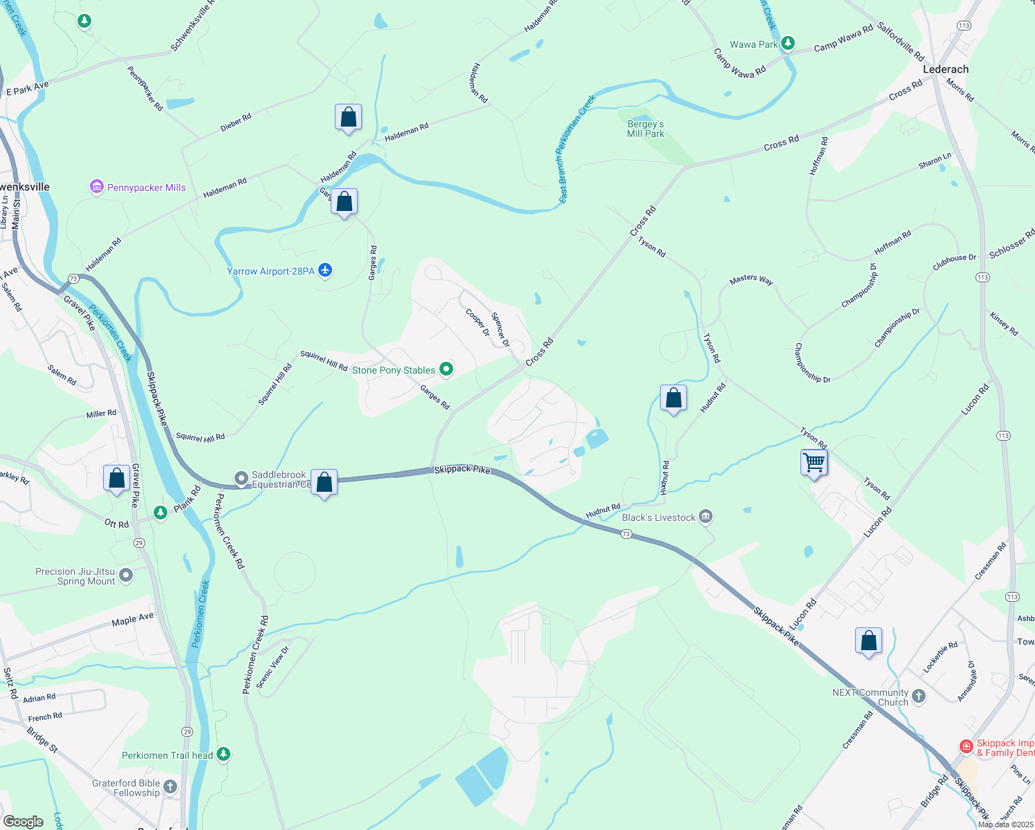 map of restaurants, bars, coffee shops, grocery stores, and more near 2233 Chandler Lane in Schwenksville