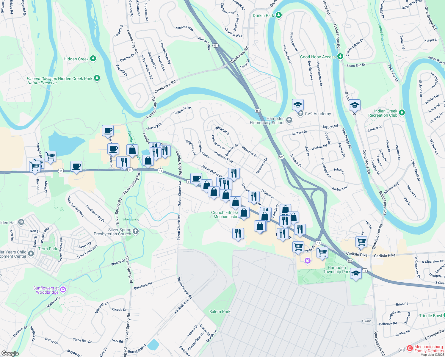 map of restaurants, bars, coffee shops, grocery stores, and more near 6111 Haymarket Way in Mechanicsburg