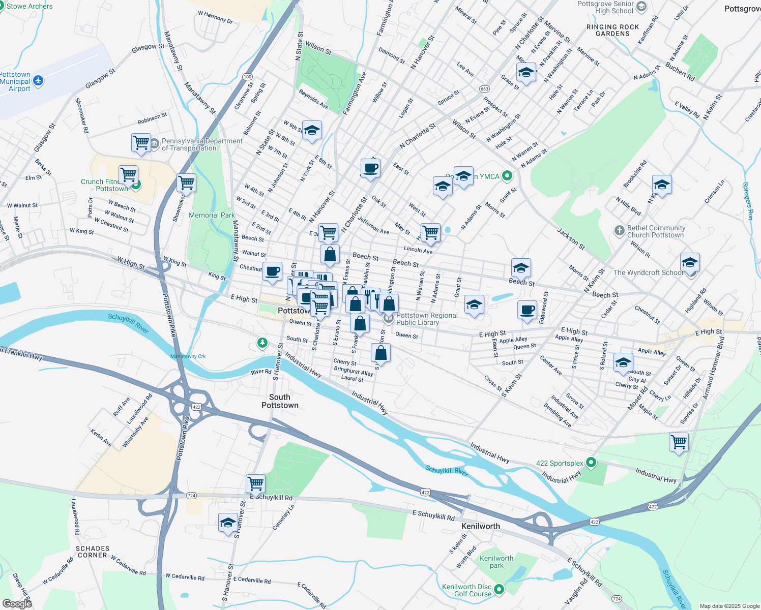 map of restaurants, bars, coffee shops, grocery stores, and more near 442 King St in Pottstown