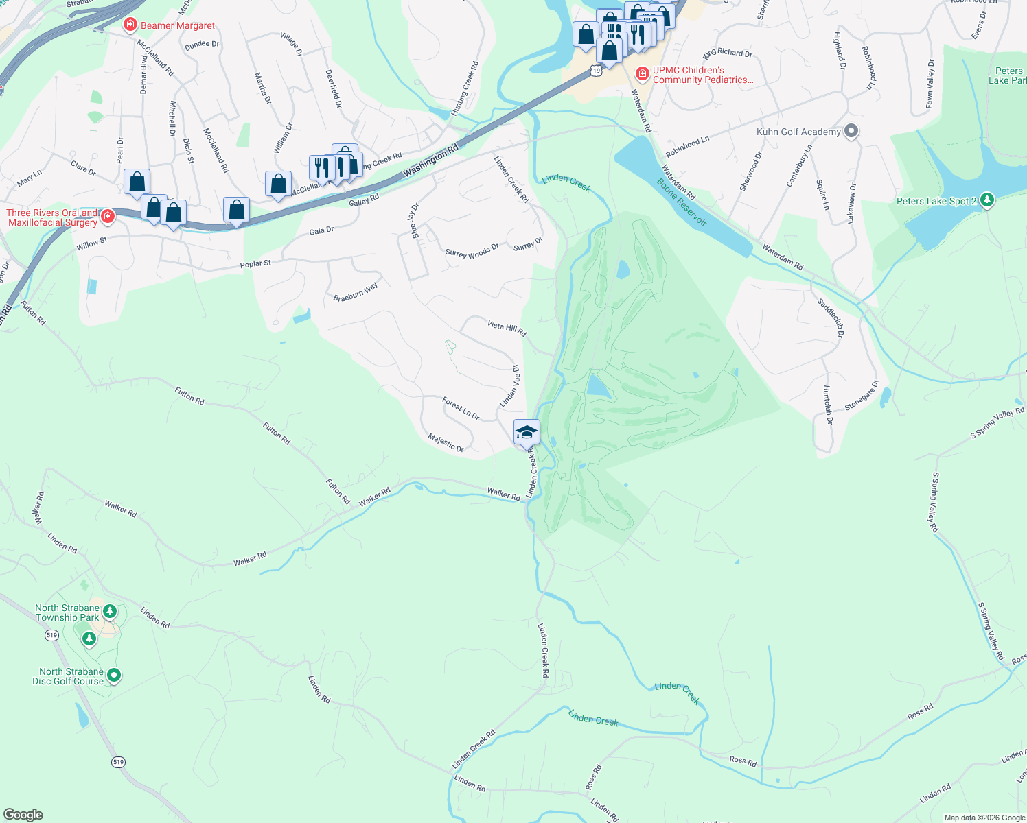 map of restaurants, bars, coffee shops, grocery stores, and more near 2012 Overlook Court in Canonsburg