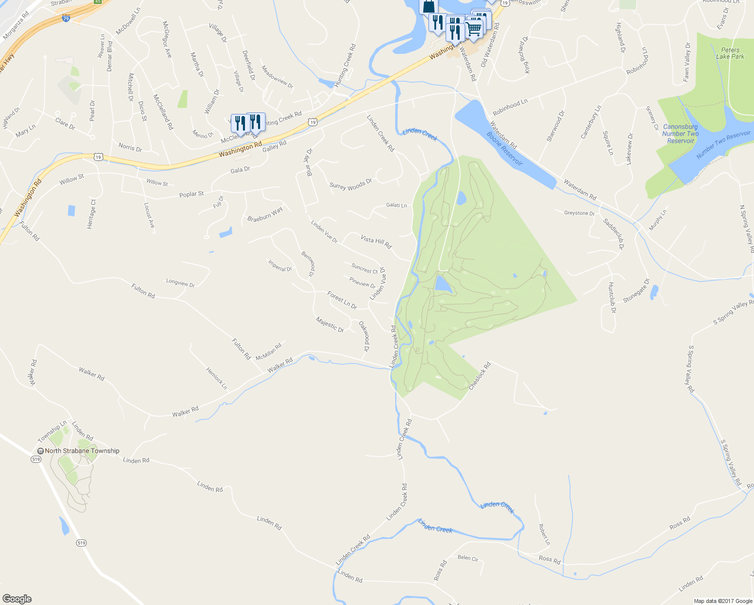 map of restaurants, bars, coffee shops, grocery stores, and more near 2006 Overlook Court in Canonsburg