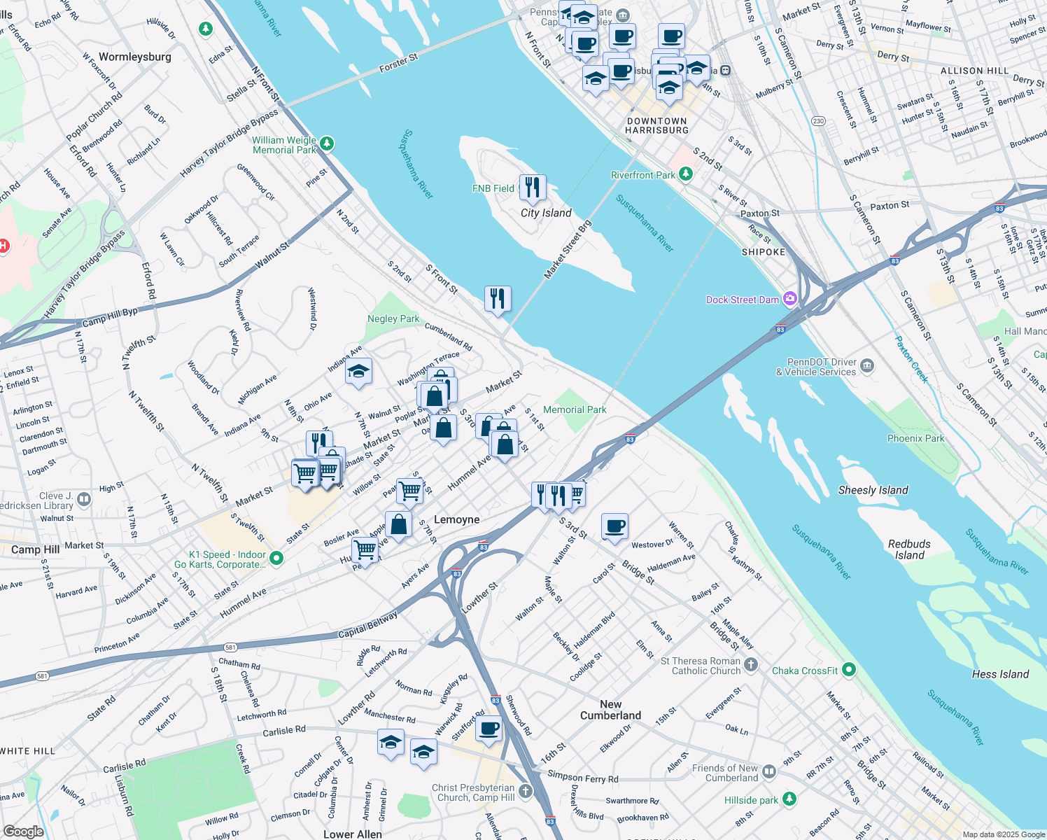 map of restaurants, bars, coffee shops, grocery stores, and more near 117 Hummel Avenue in Lemoyne