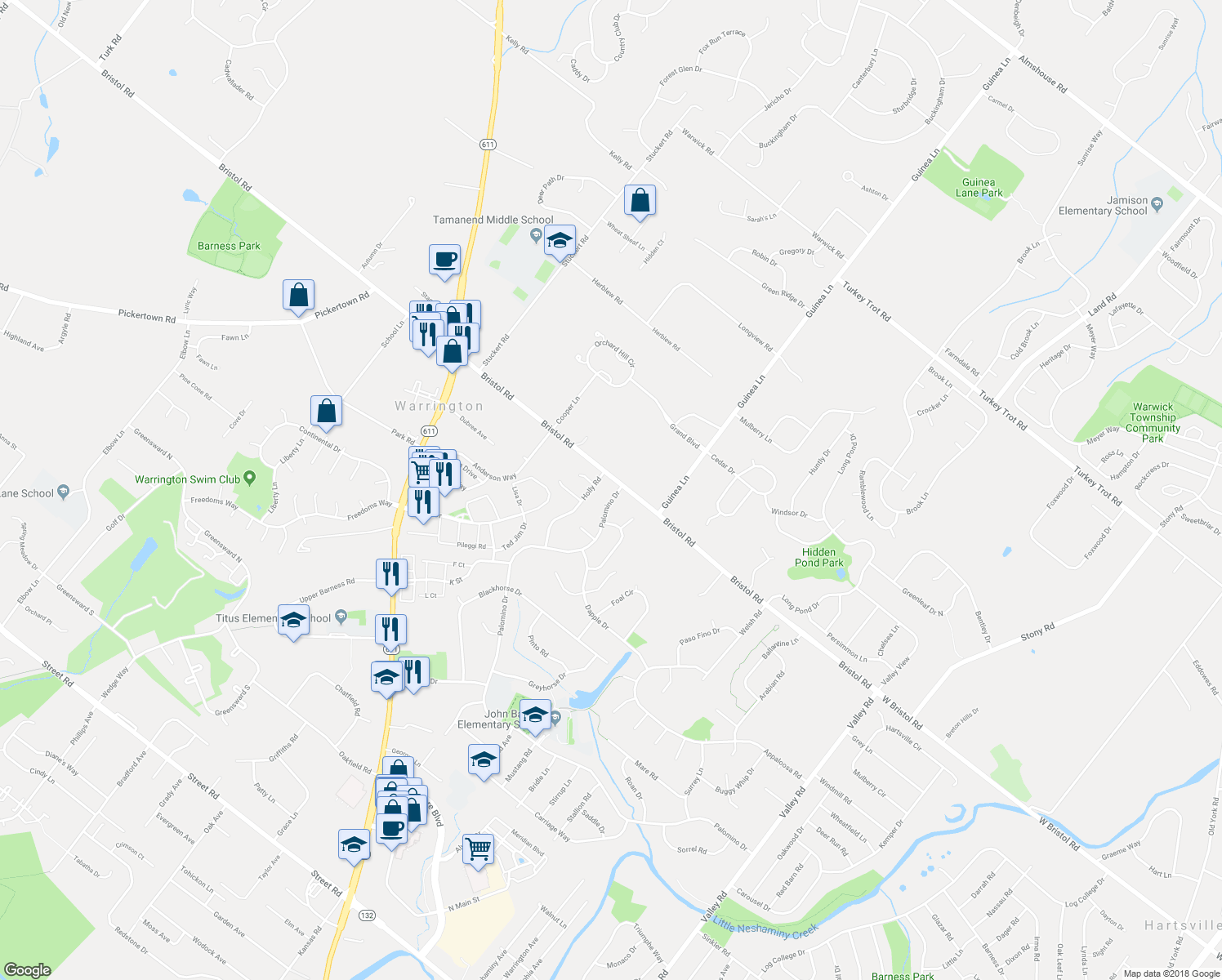 map of restaurants, bars, coffee shops, grocery stores, and more near 1318 Palomino Drive in Warrington