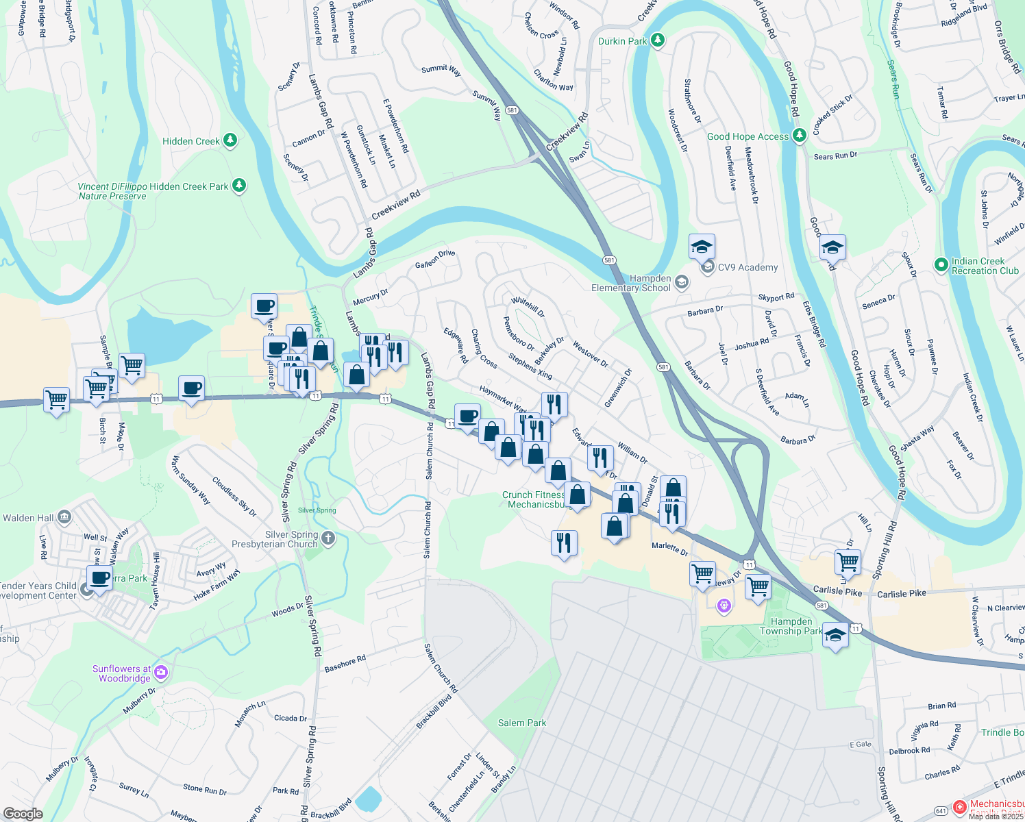 map of restaurants, bars, coffee shops, grocery stores, and more near 6127 Haymarket Way in Mechanicsburg